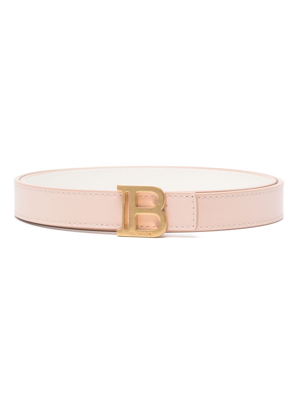 Shop Balmain Reversible Calfskin 2cm Belt In Gru Creme Nude Rose