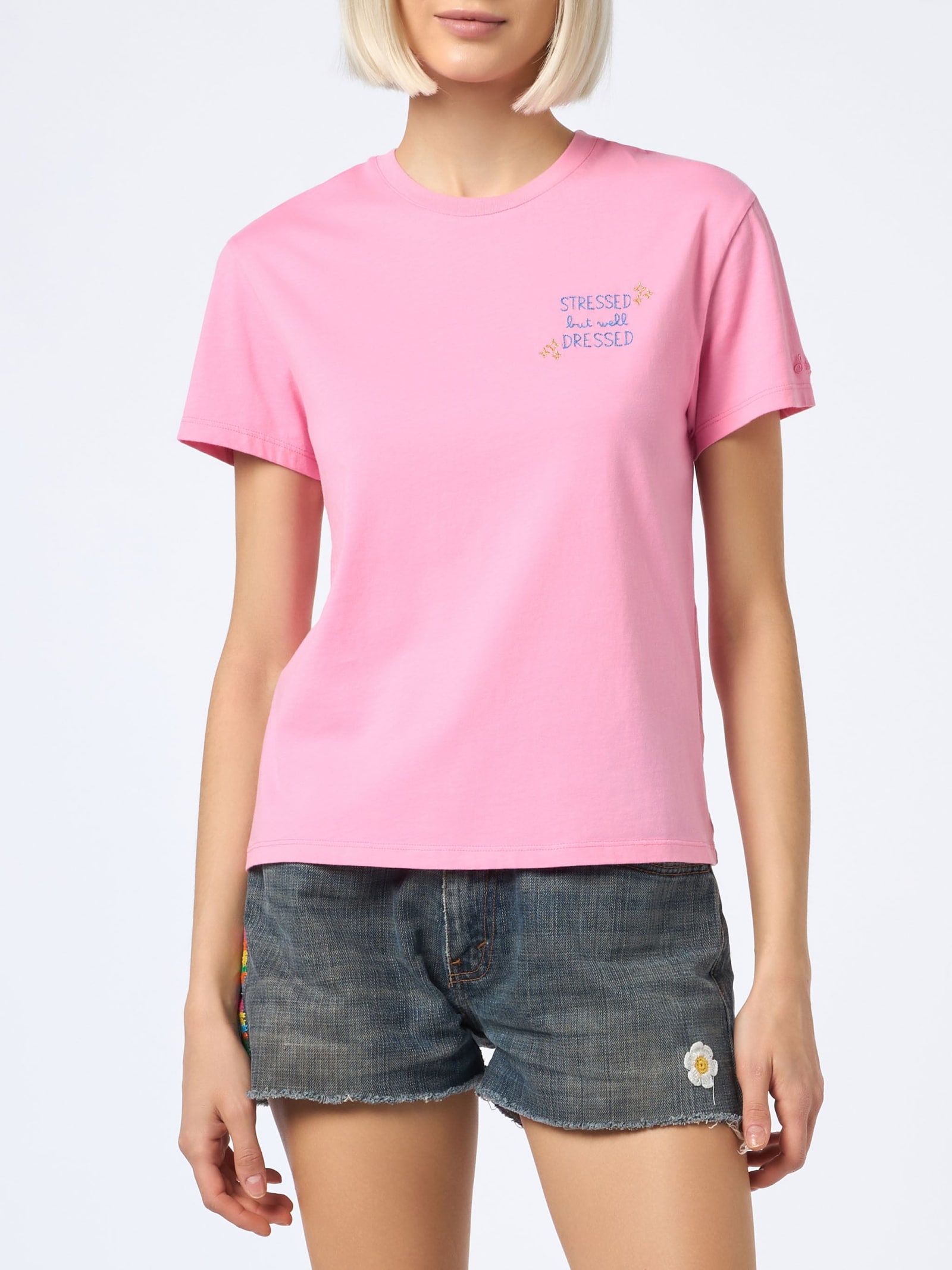 Shop Mc2 Saint Barth Woman Cotton Jersey Crewneck T-shirt Emilie With Stressed But Well Dressed Embroidery In Pink