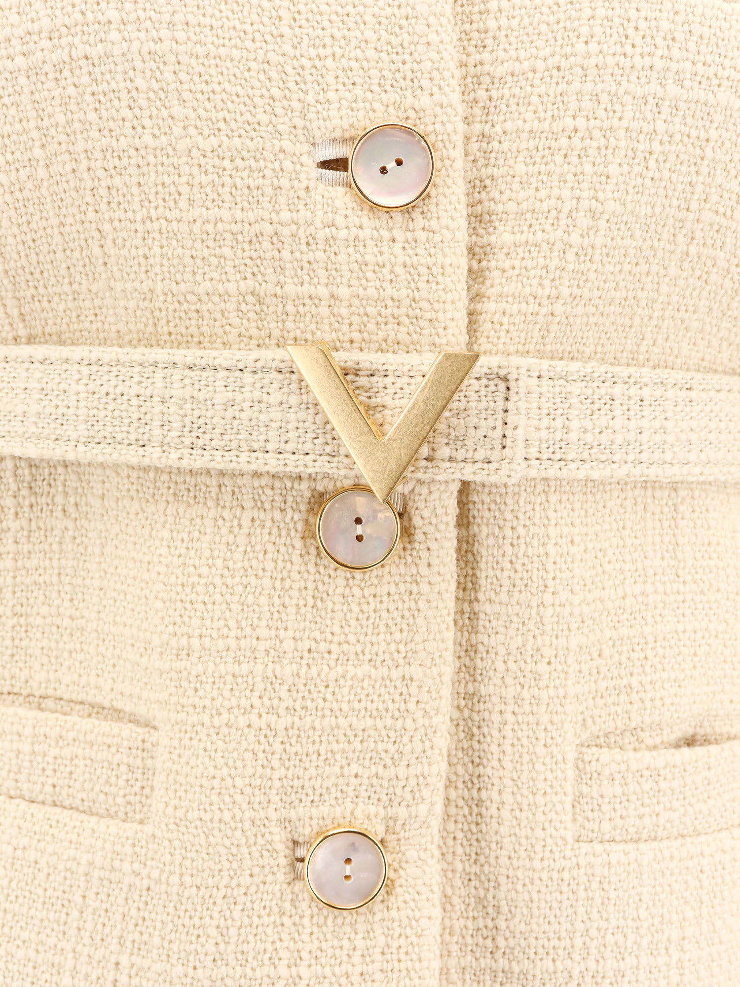 Valentino Wool Blazer With Leather Belt And V Gold Buckle In Neutral