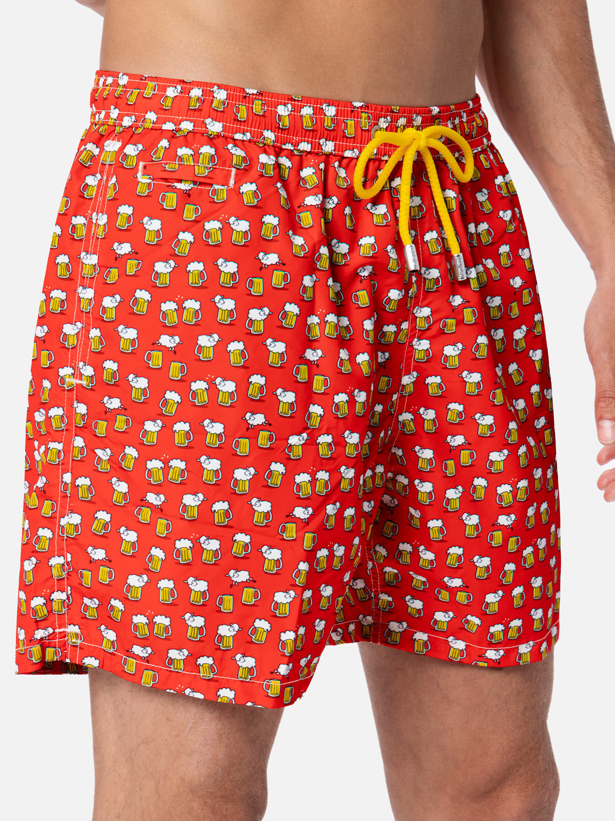 Mc2 Saint Barth Man Lightweight Fabric Swim-shorts Lighting Micro Fantasy With Beer Print In Red