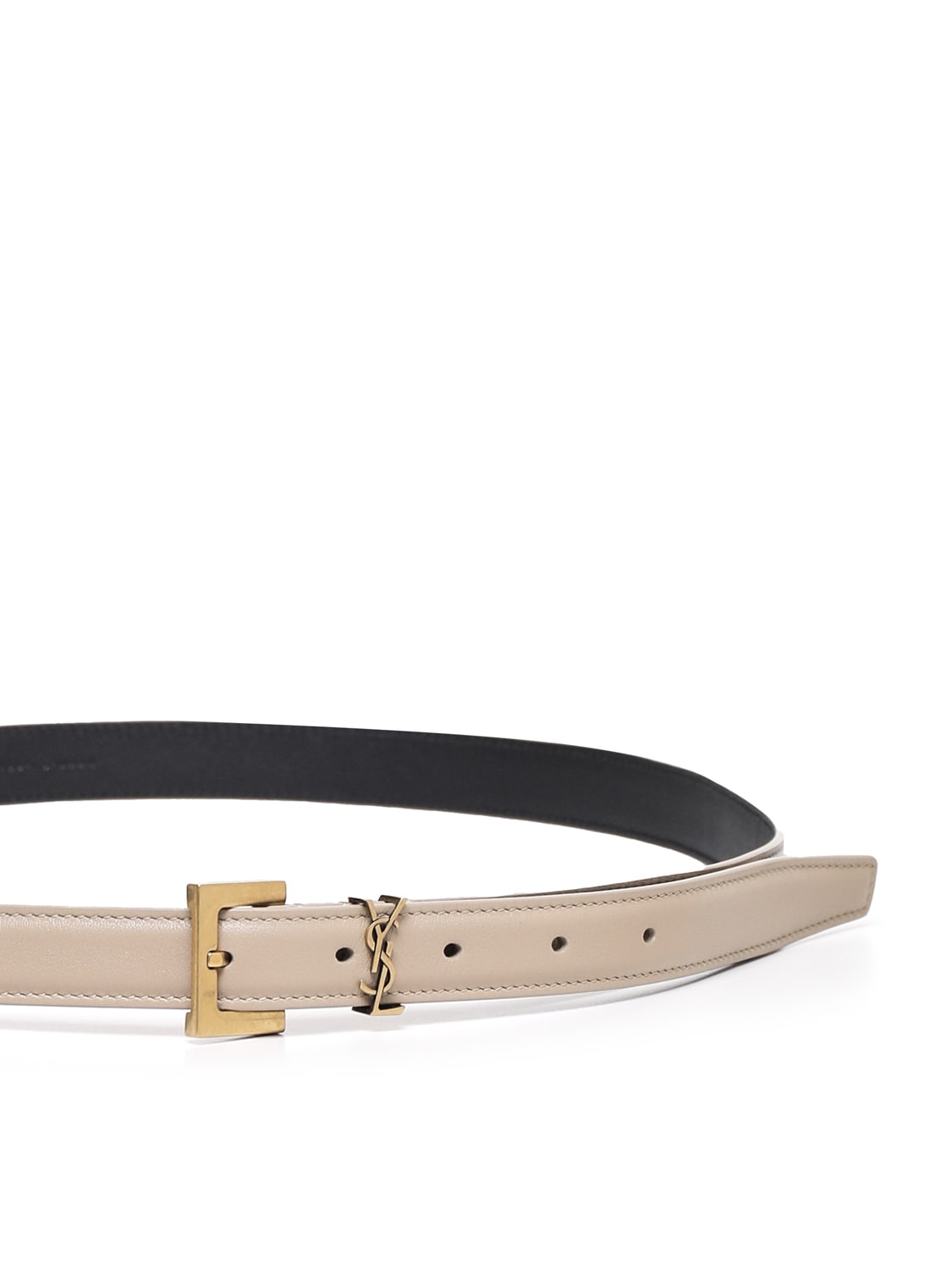 Shop Saint Laurent Cassandre Thin Leather Belt In Beige