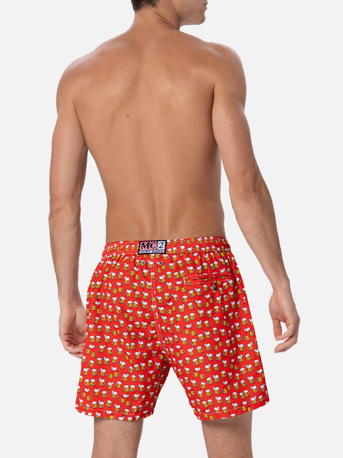 Mc2 Saint Barth Man Lightweight Fabric Swim-shorts Lighting Micro Fantasy With Beer Print In Red