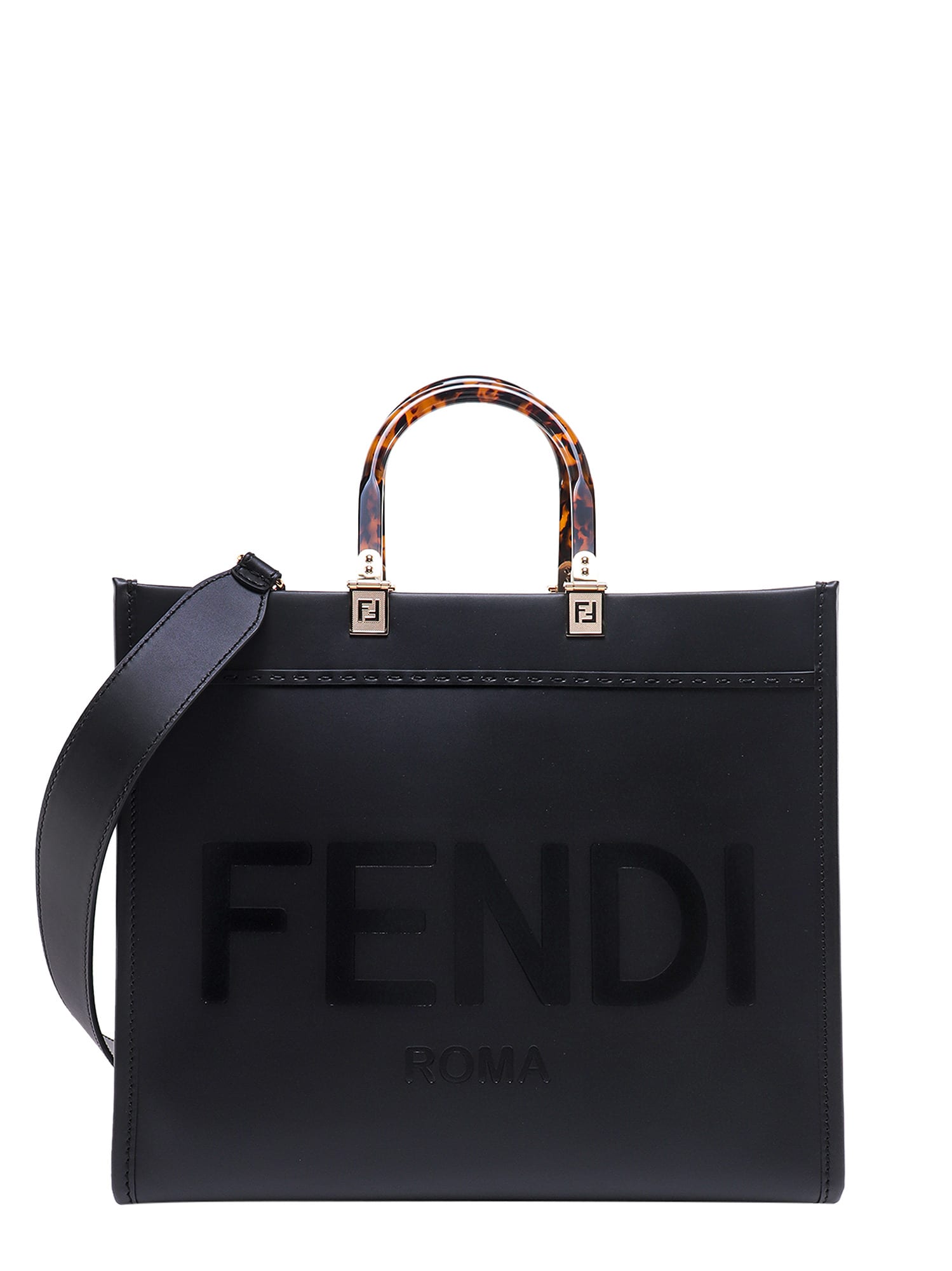 Shop Fendi Sunshine Handbag In Kur Black Gold Soft