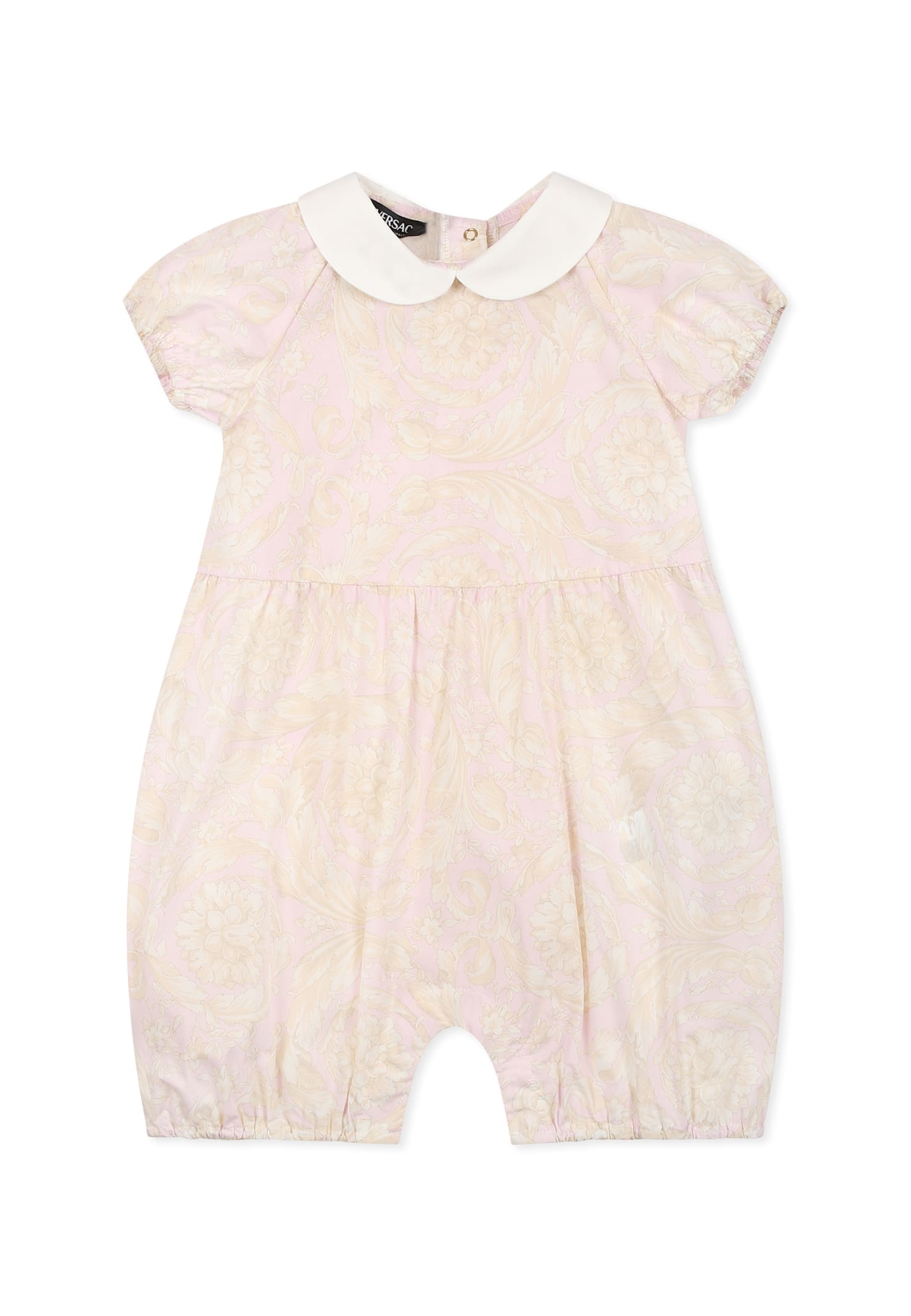 Versace Pink Romper Or Baby Girl With Barocco Print In Pink