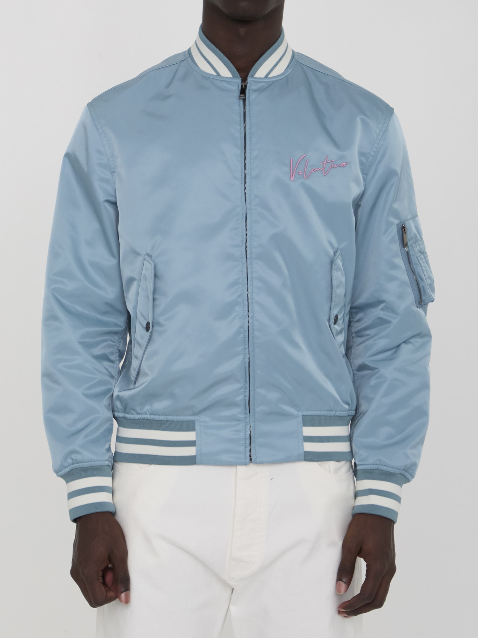 Shop Valentino Nylon Bomber Jacket In Light Blue