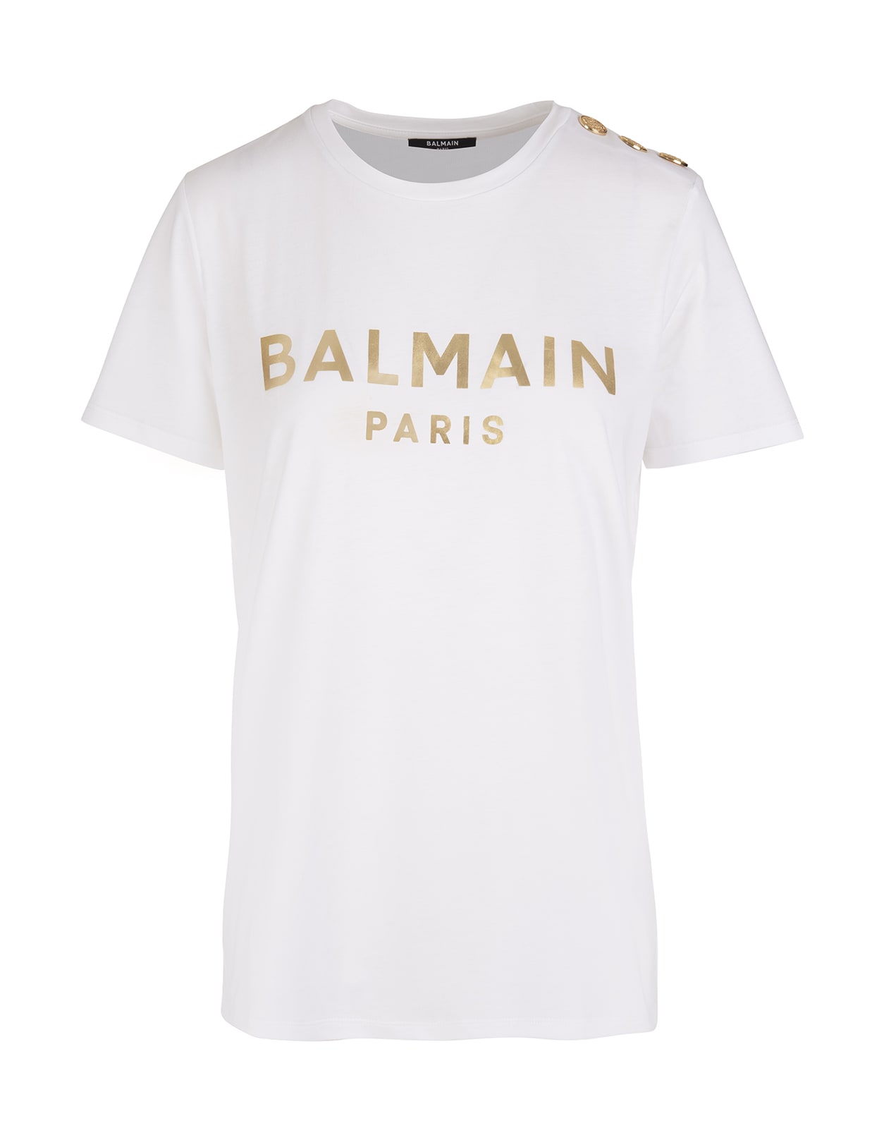 Balmain Woman Regular Fit White T-shirt With Golden Metallic Logo