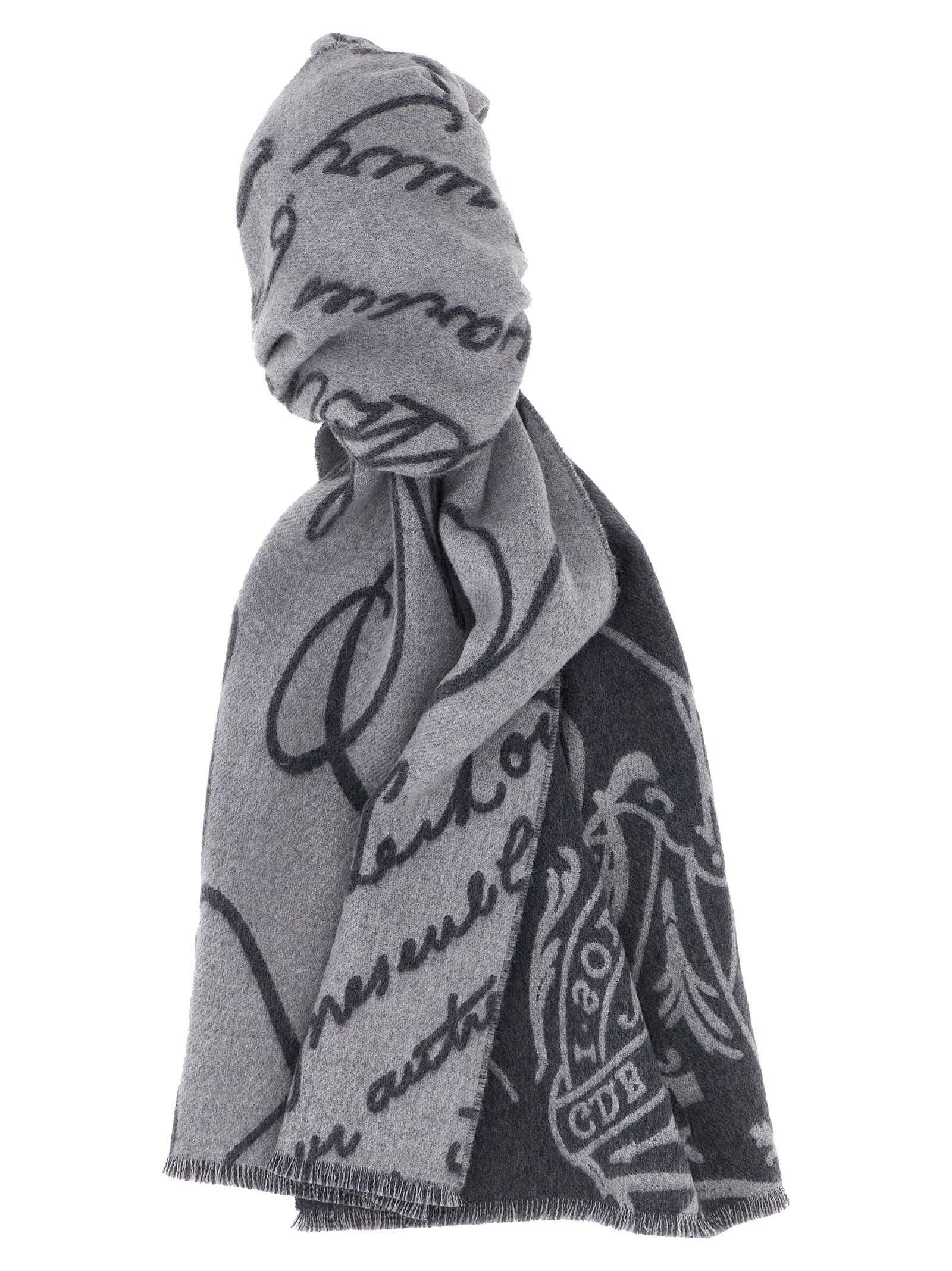 Berluti Reversible Script Pattern Scarf With Fringed Edges In Gray