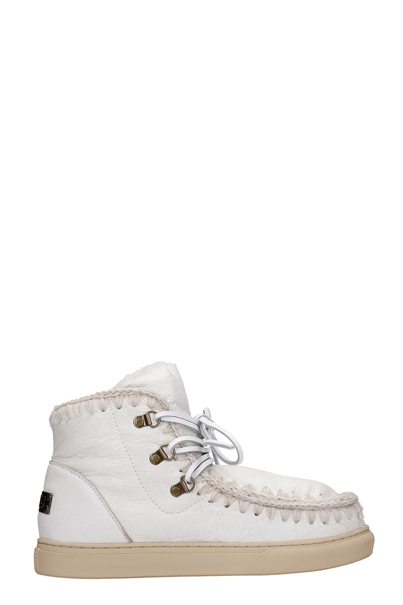 Mou Lace Up Low Heels Ankle Boots In White Leather