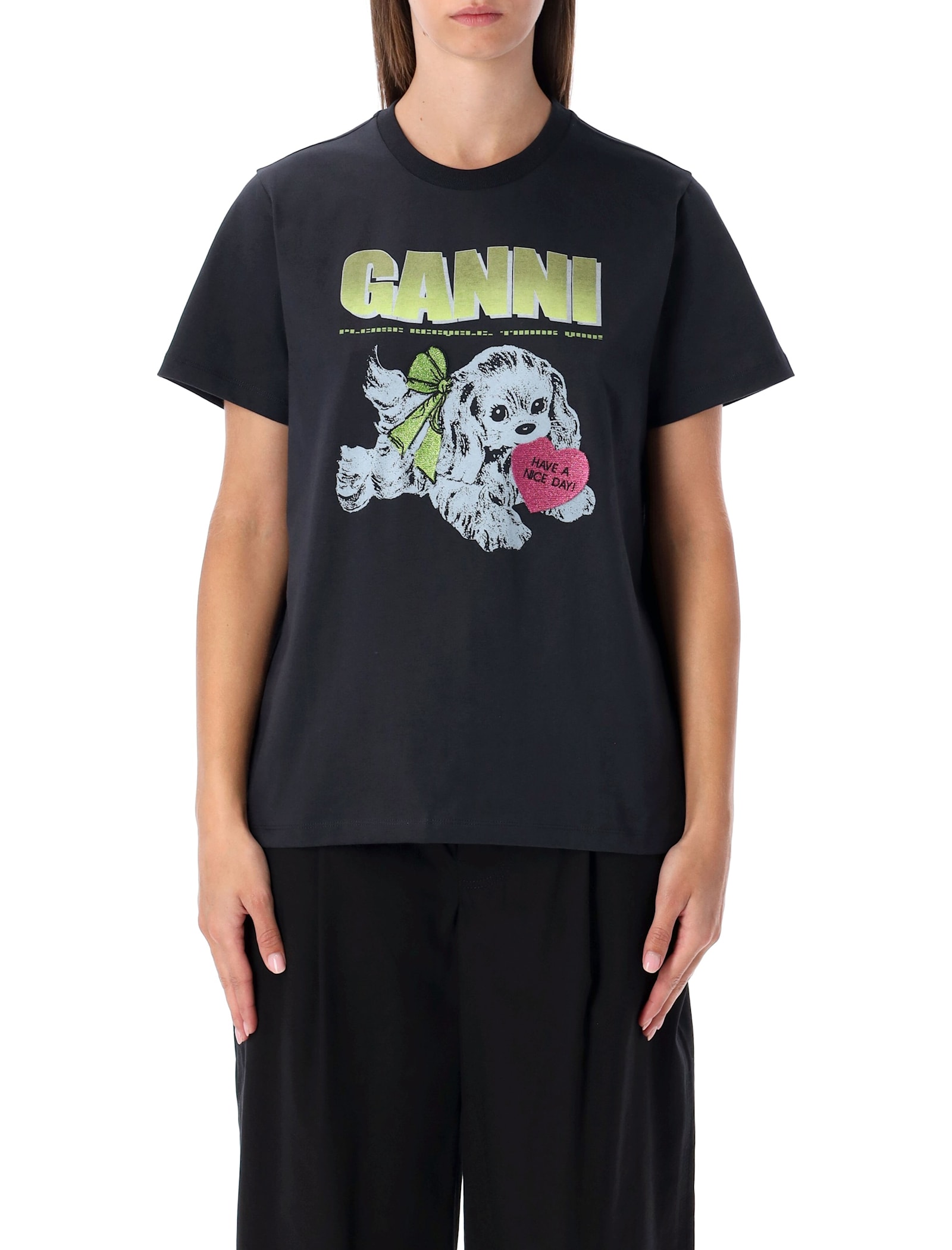 Ganni Black Puppy Cotton T-shirt In Black