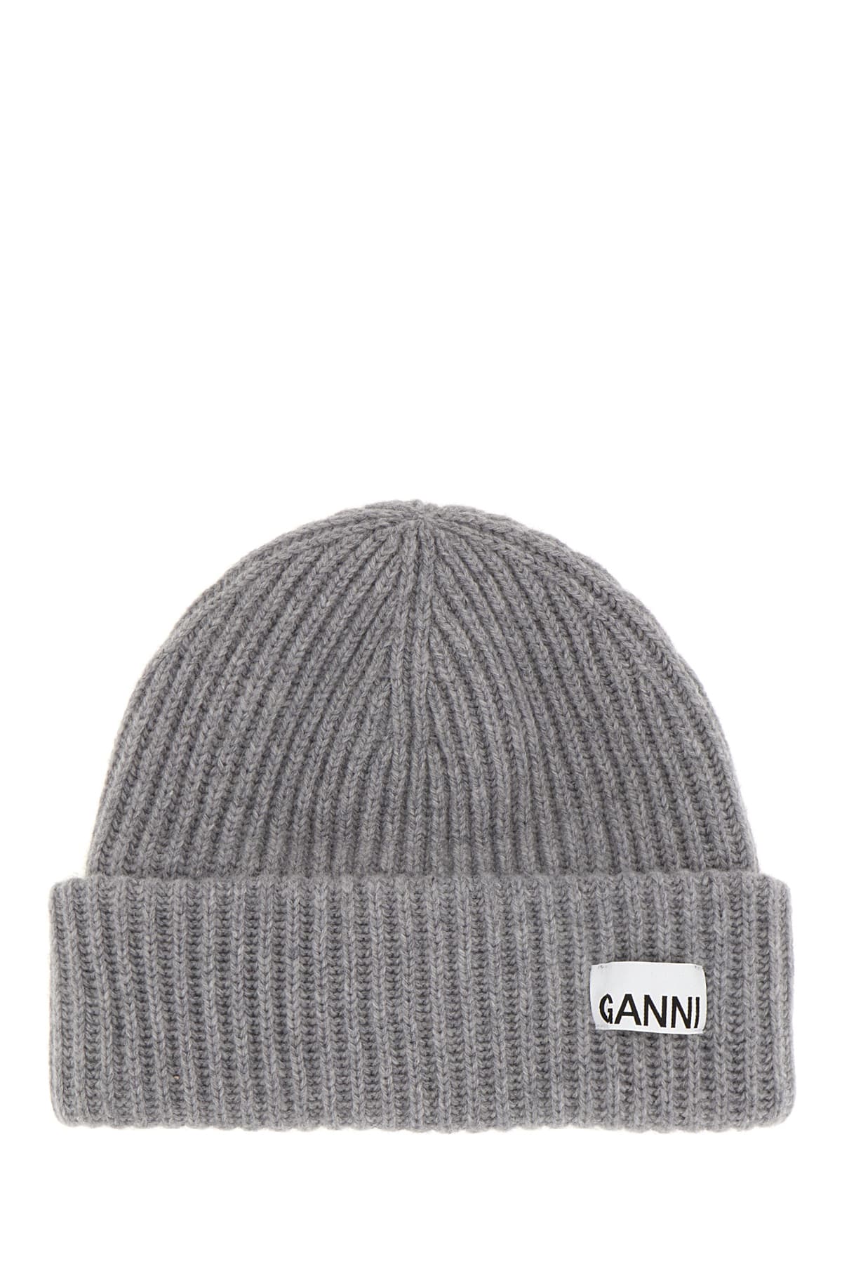 Ganni Womens Logo-patch Wool-blend Beanie Hat Paloma Melange In Gray