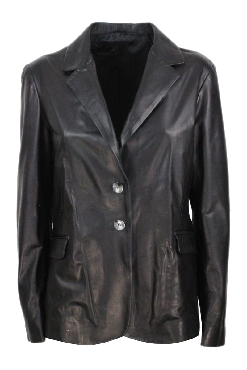 Shop Barba Napoli Soft Leather Blazer Jacket With 2 Button Closure And Flap Pockets In Black