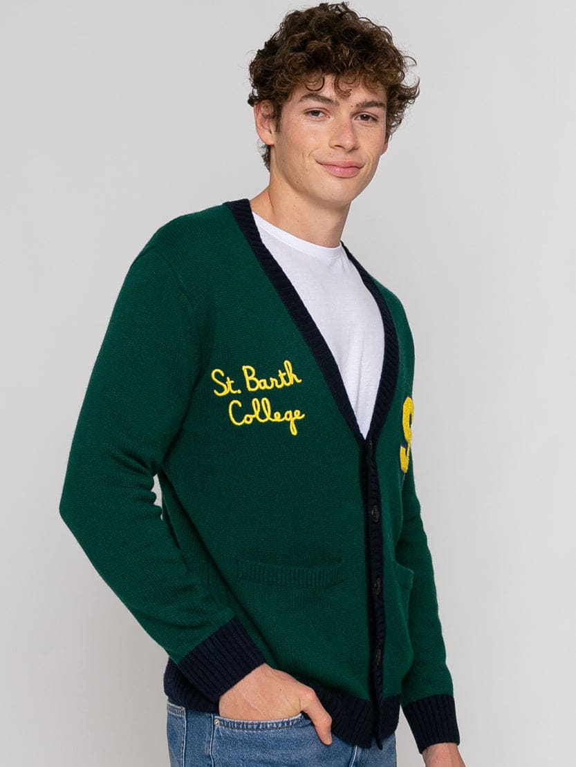 Shop Mc2 Saint Barth Knitted Cardigan With Patch And St. Barth College Embroidery In Green