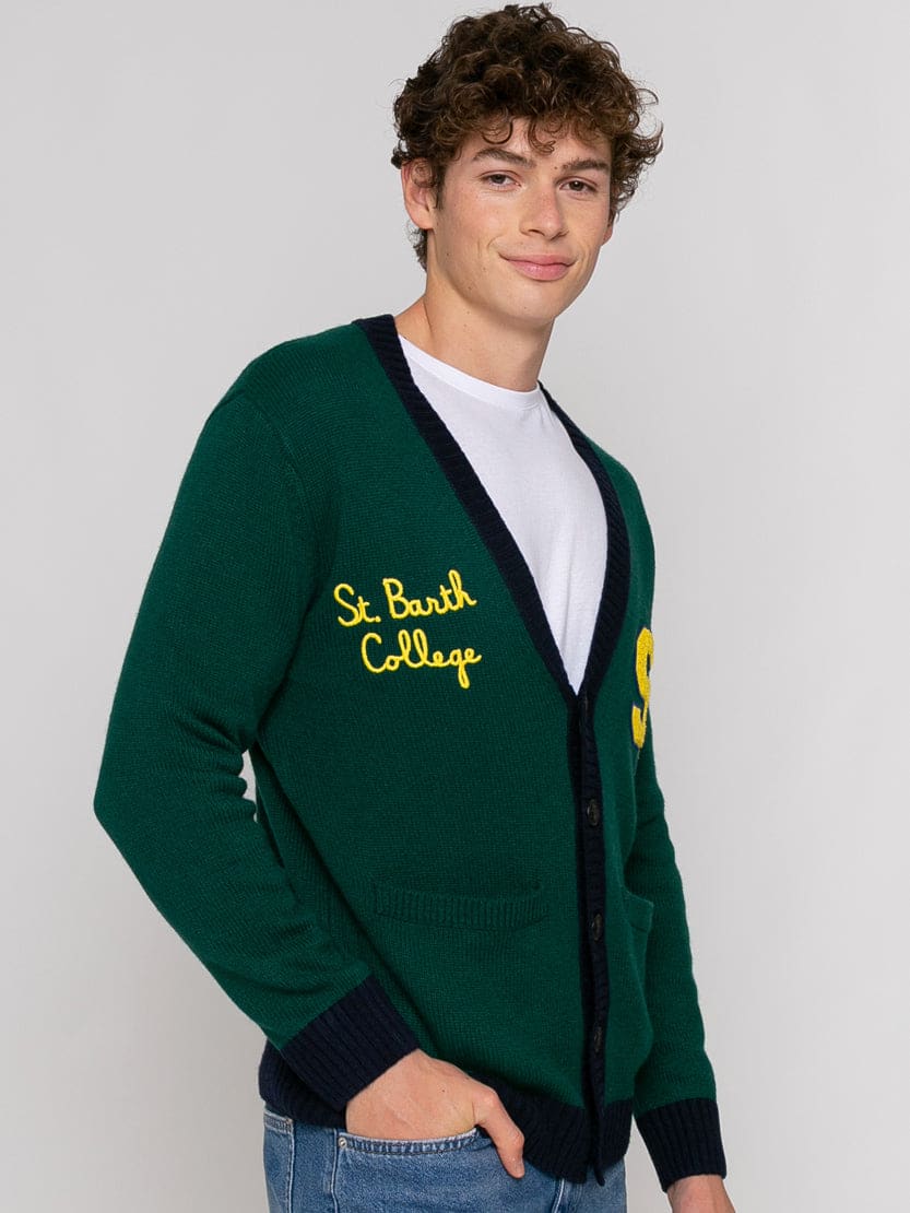 Mc2 Saint Barth Knitted Cardigan With Patch And St. Barth College Embroidery In Green