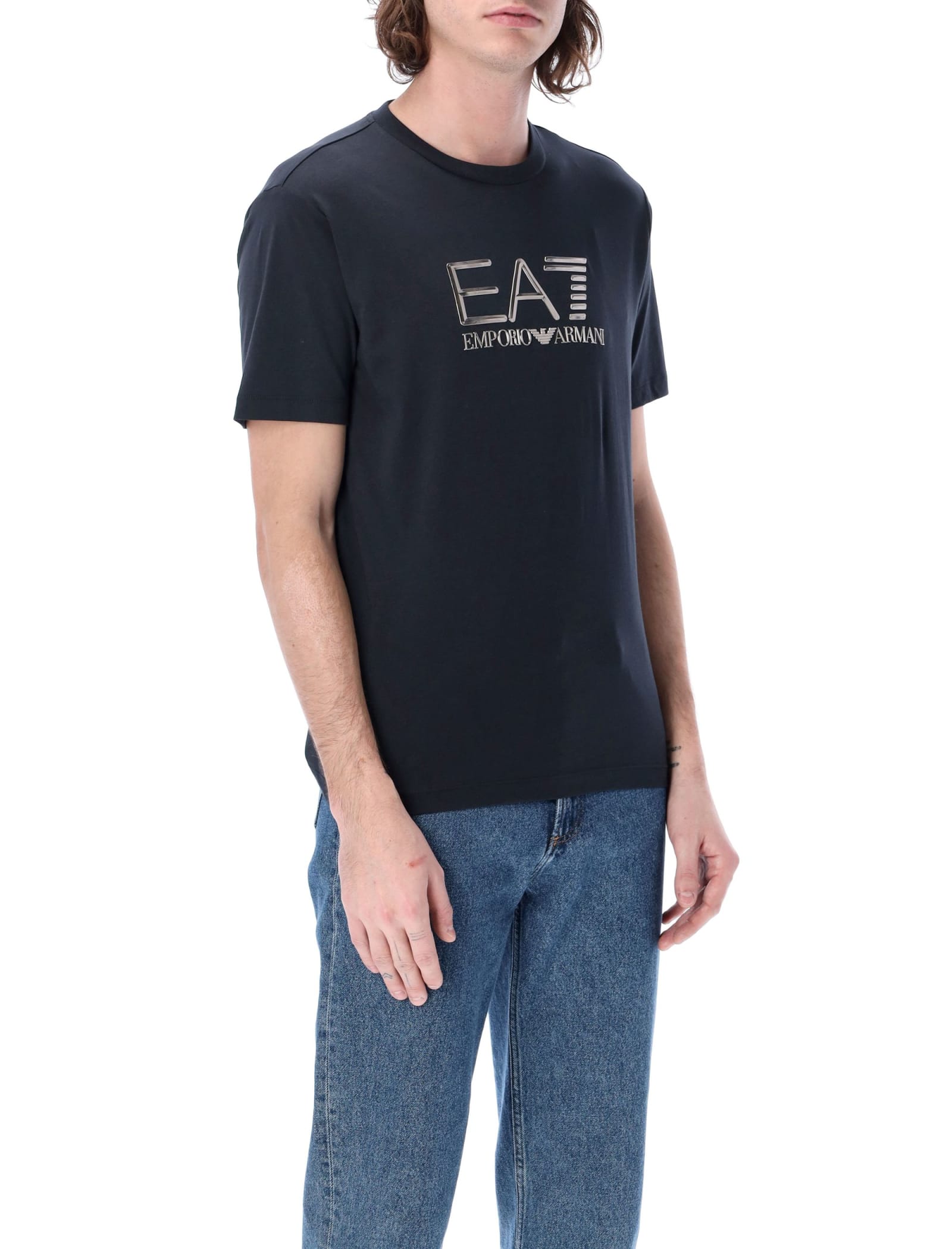 Shop Ea7 Lux Identity Pima Cotton T-shirt In Navy