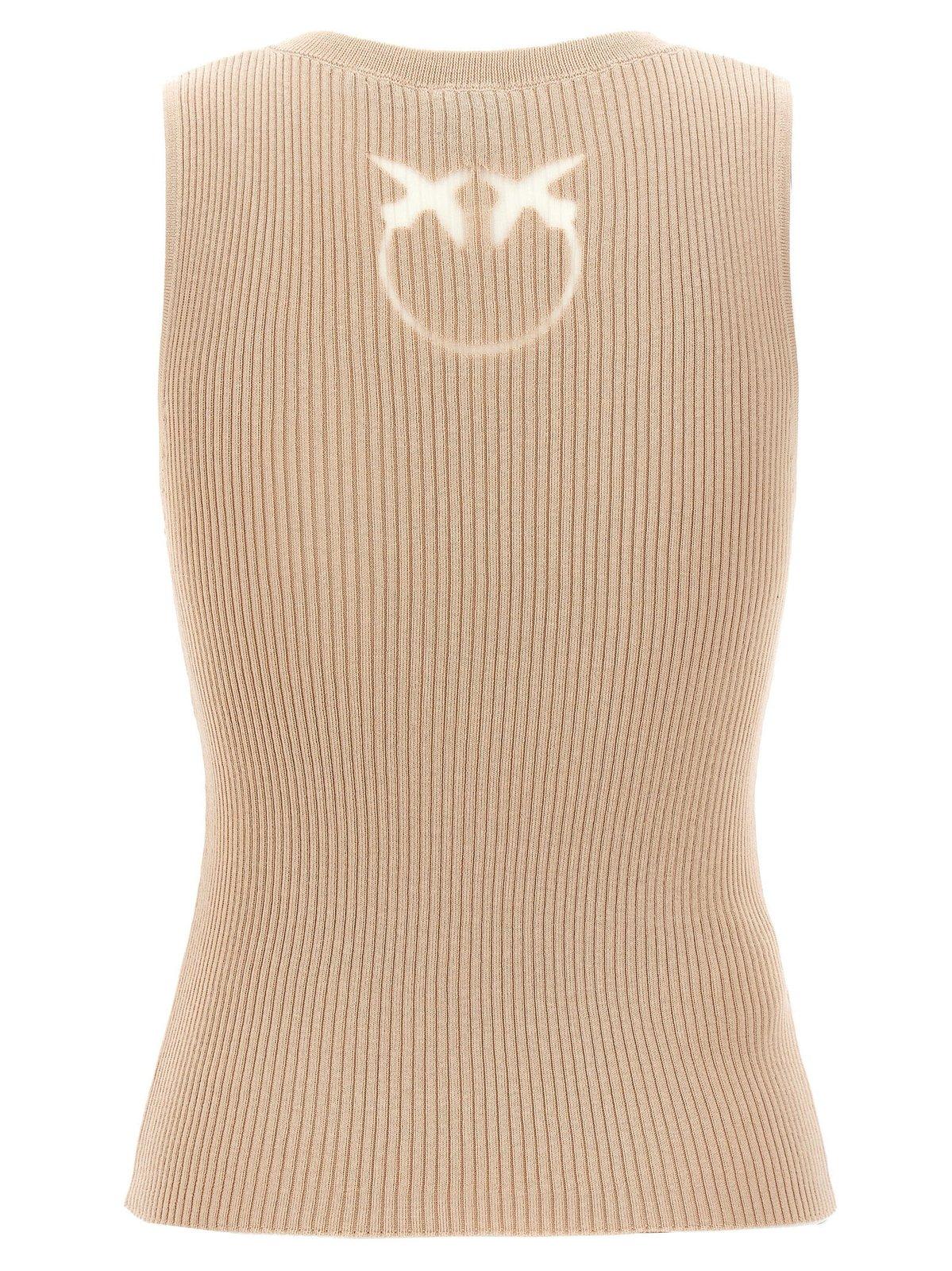 Shop Pinko Logo Detailed Sleeveless Knitted Top In Beige-pelle Daino