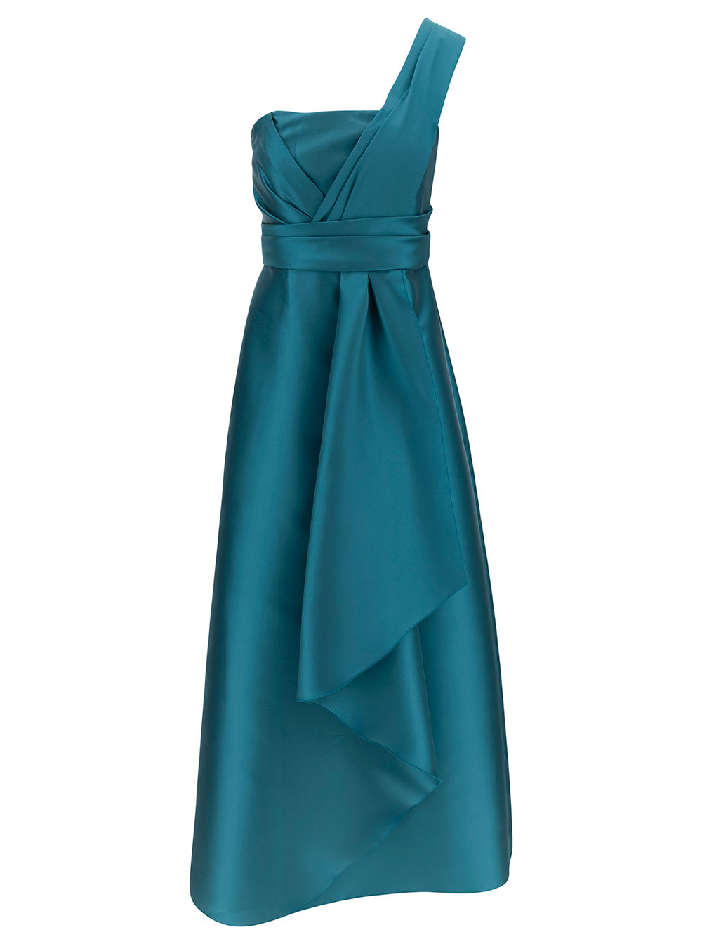 Shop Alberta Ferretti Mikado Light Blue Maxi One-shoulder Draped Dress In Satin Woman
