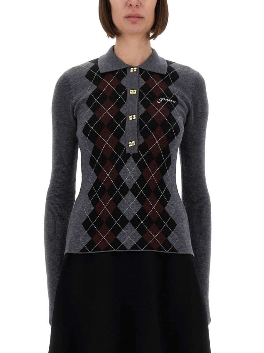 Ganni Jacquard Wool Sweater In Gray