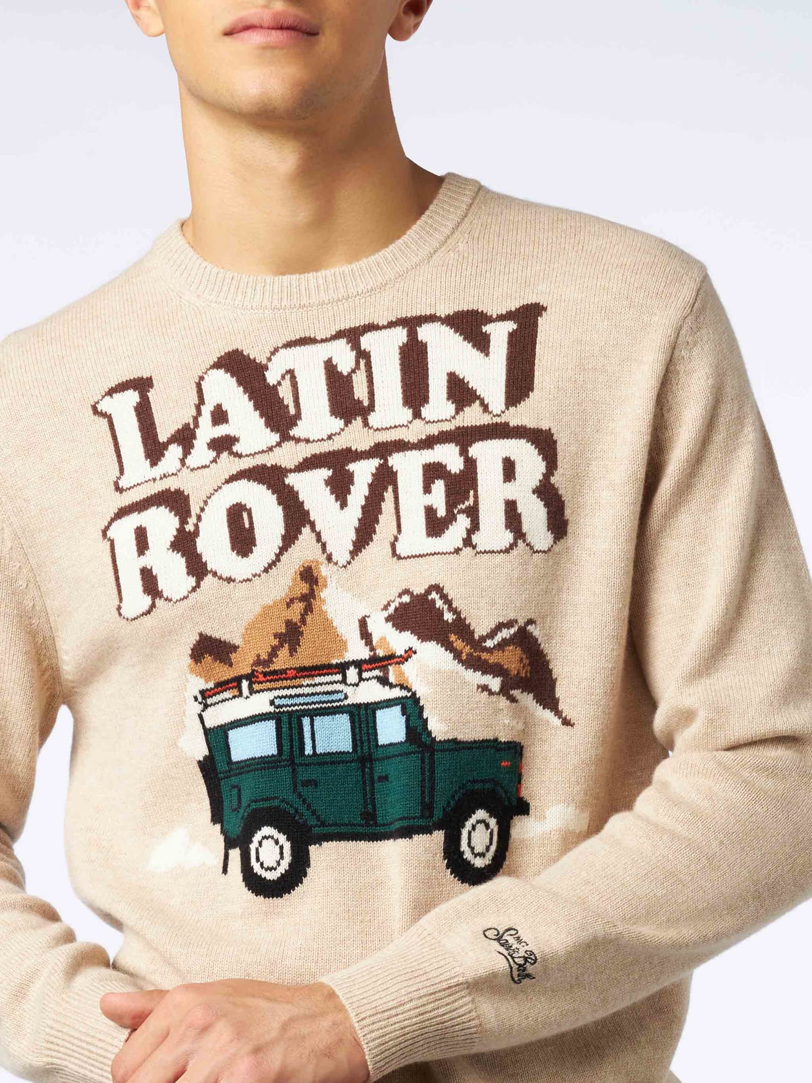 Mc2 Saint Barth Man Crewneck Sweater With Latin Rover Jacquard Print In Brown