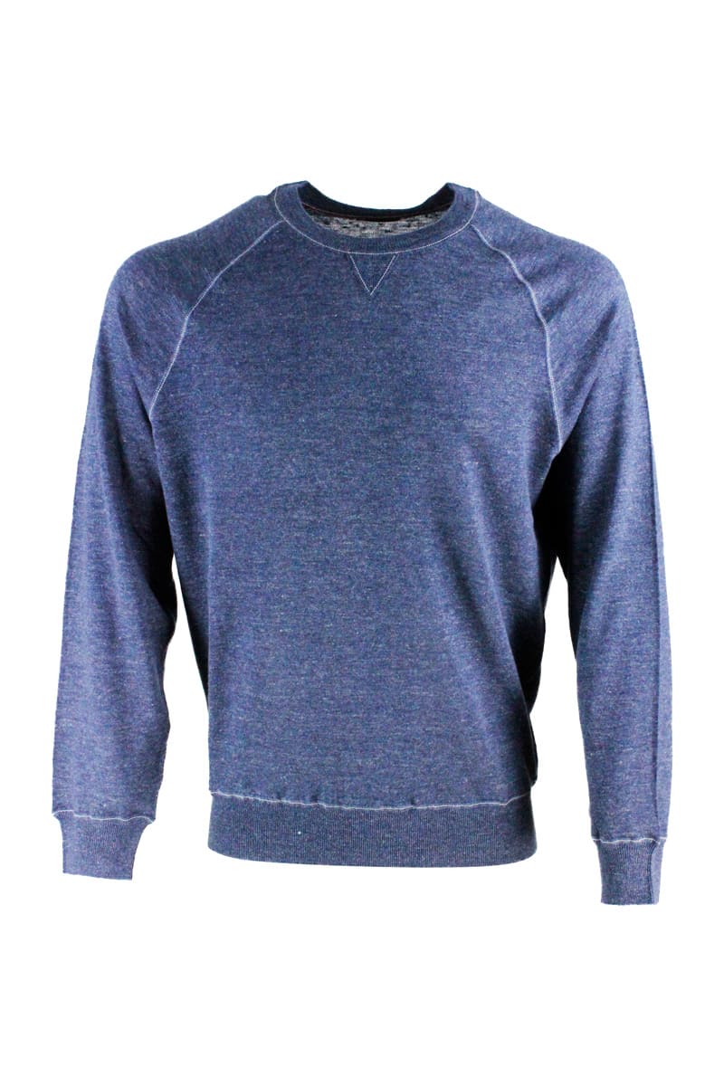 Brunello Cucinelli Long-sleeved Crewneck Sweater In Linen And Cotton With Contrasting Stitching