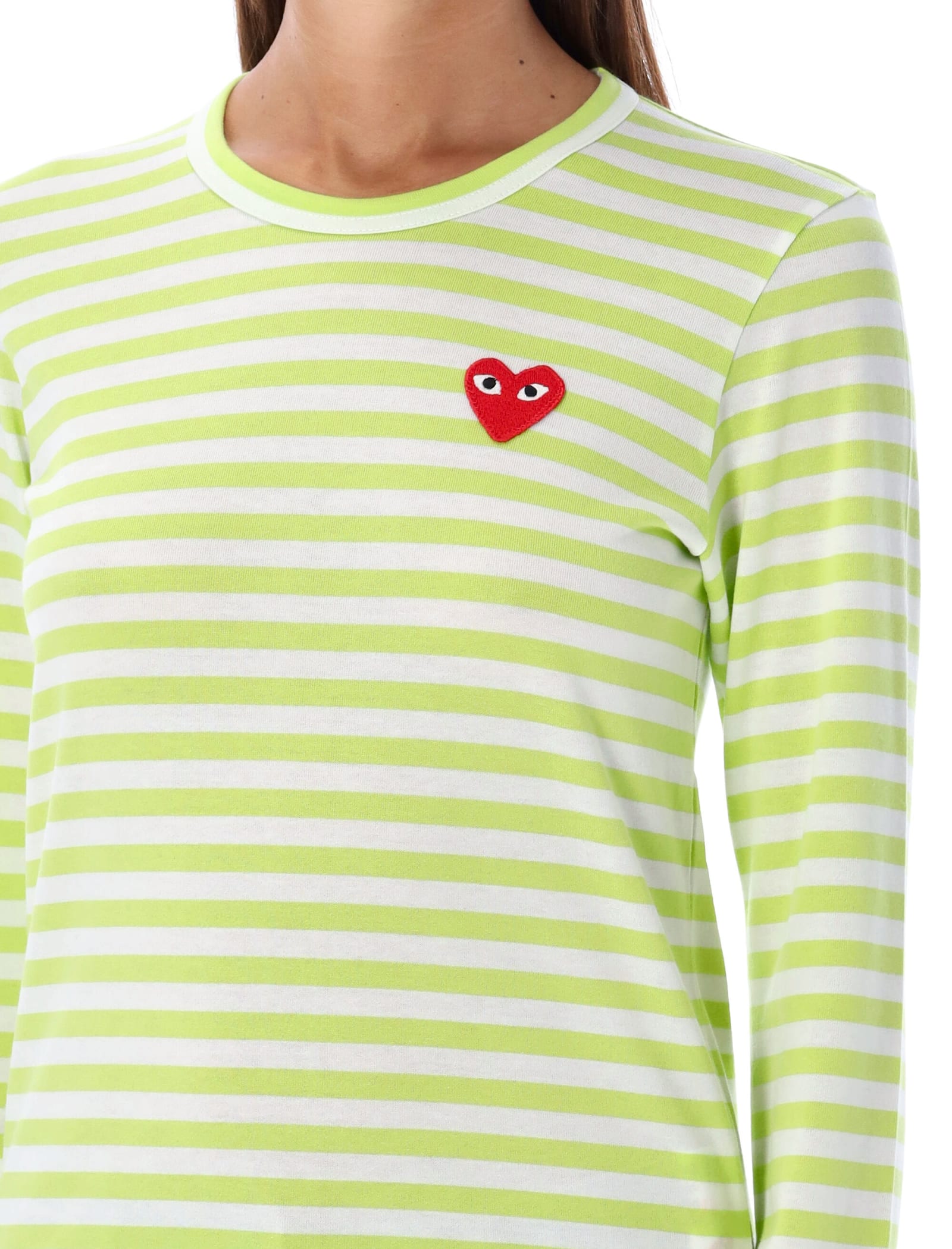 Shop Comme Des Garçons Play Striped Red Heart Long-sleeved T-shirt In Green