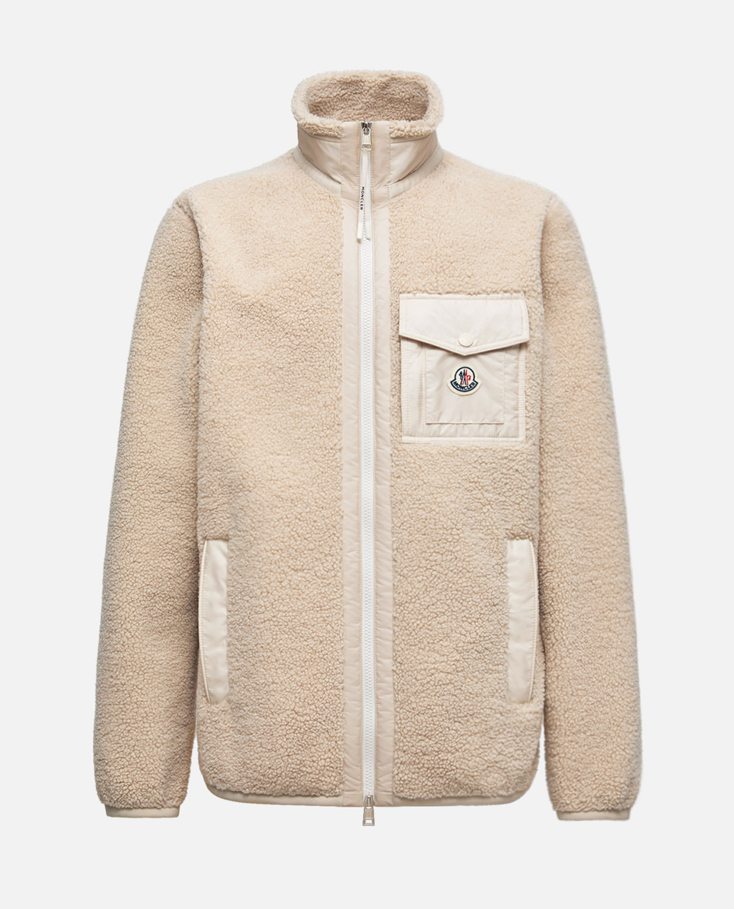 Moncler Teddy Zip-up Sweatshirt With Nylon Pocket In Neutral