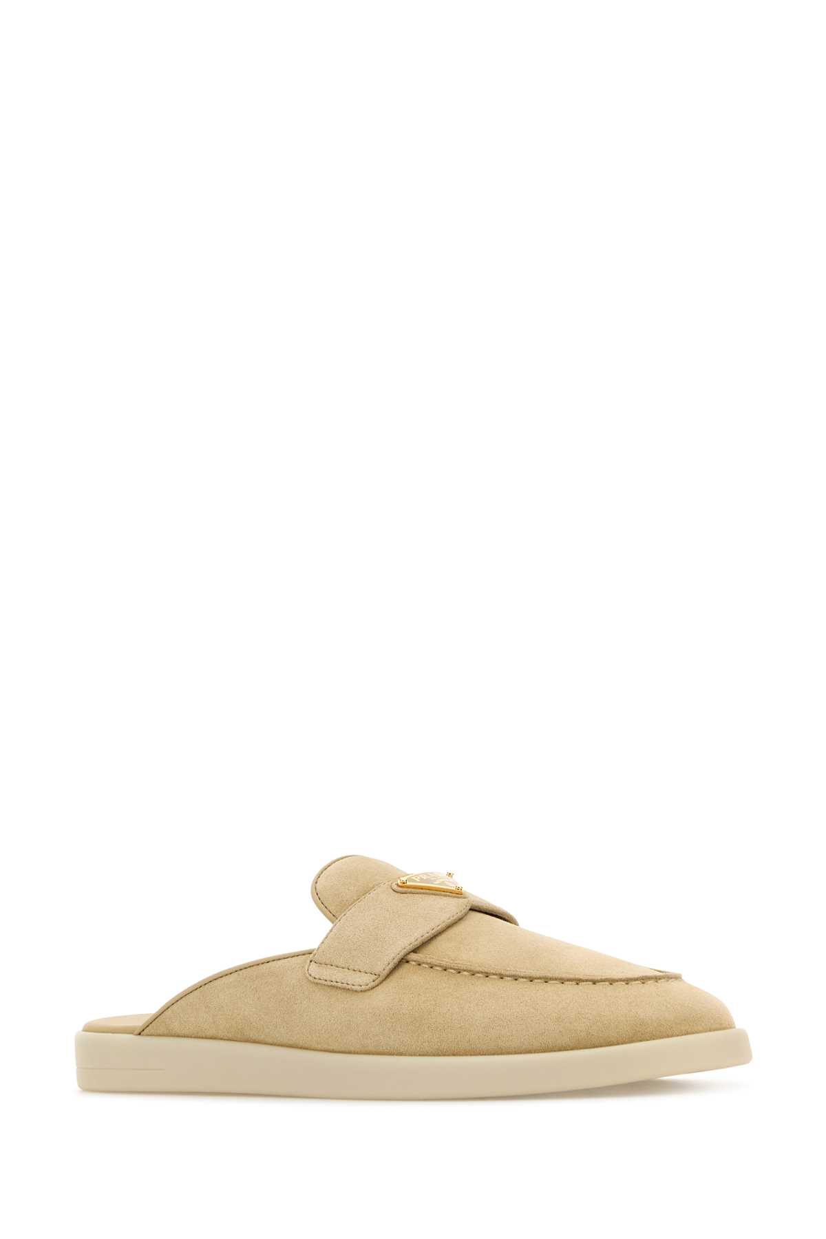 Shop Prada Sand Suede Slippers In Ecru