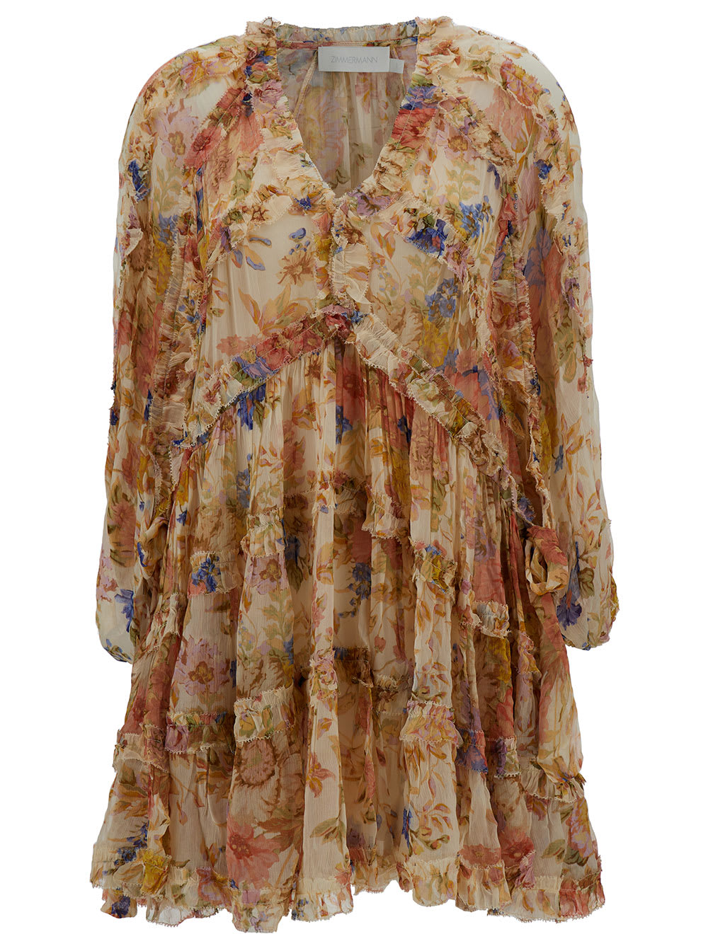 Shop Zimmermann August Mini Multicolor Frill Dress With Floreal Print In Viscose Woman
