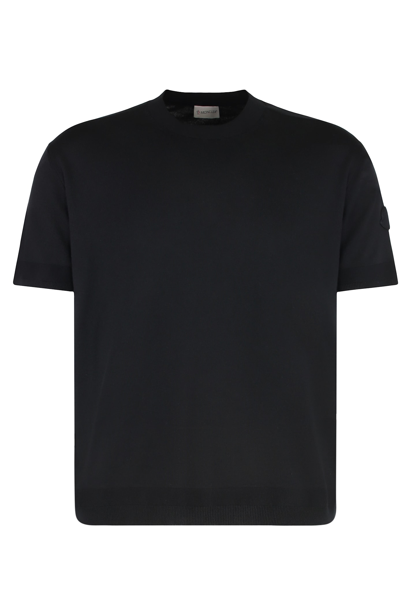 Moncler Crew Neck Silk T-shirt With Ribbed Cuffs In Blue