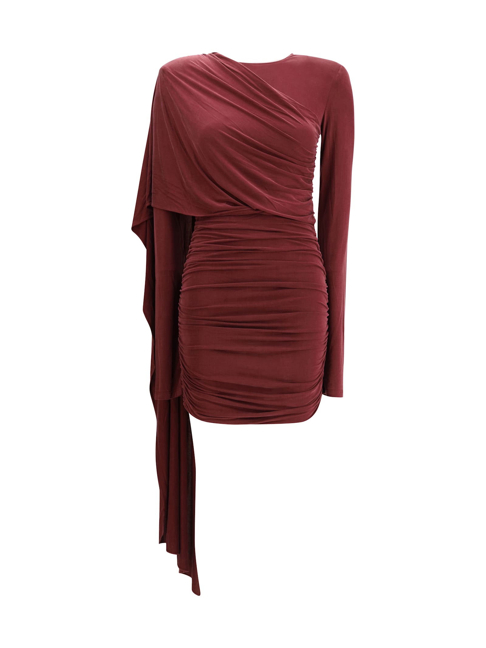 The Andamane Draped Long-sleeve Dress In Burgundy