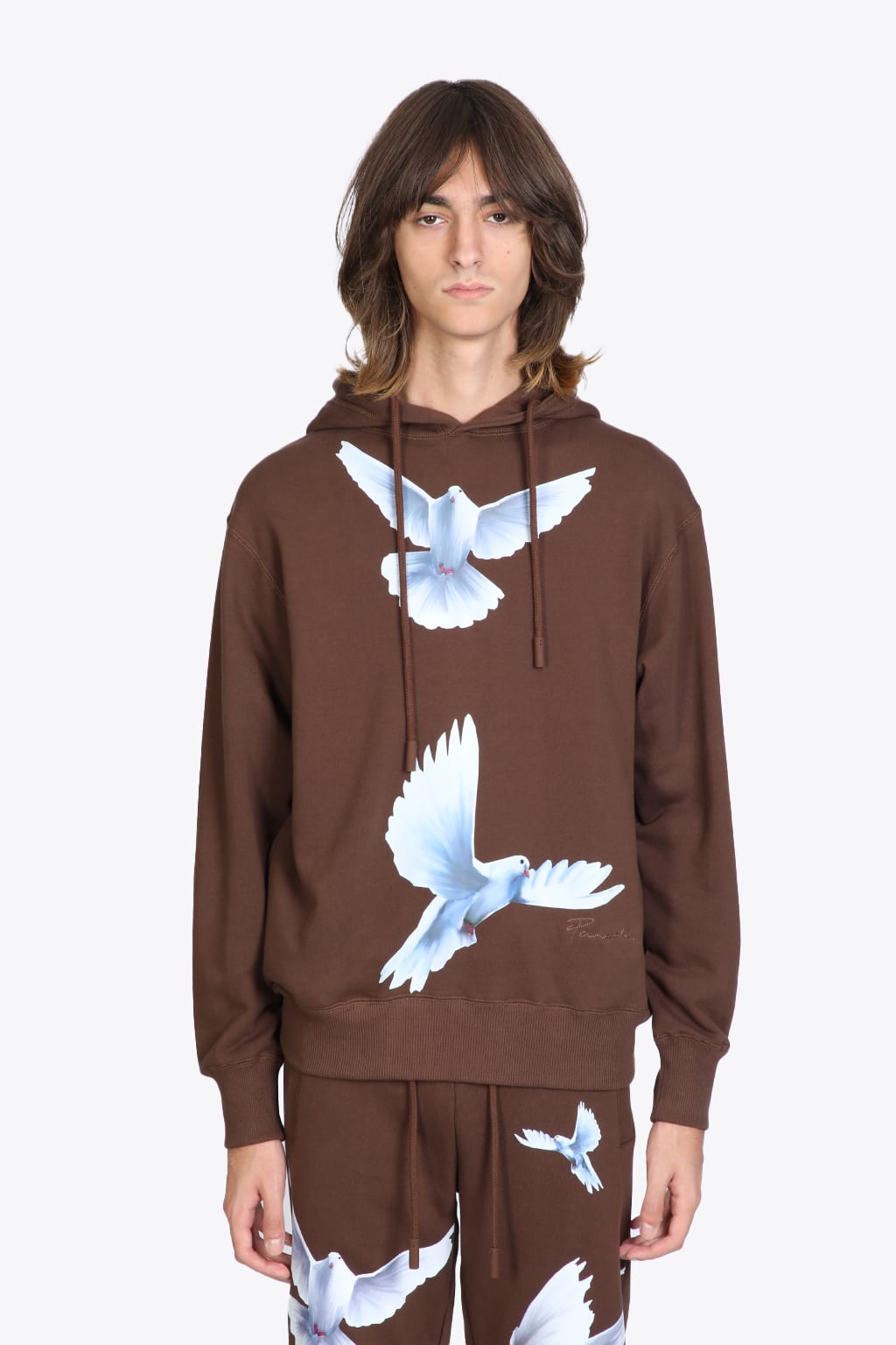 3paradis Sweater Brown Cotton Hoodie With Dove Prints. In Marrone