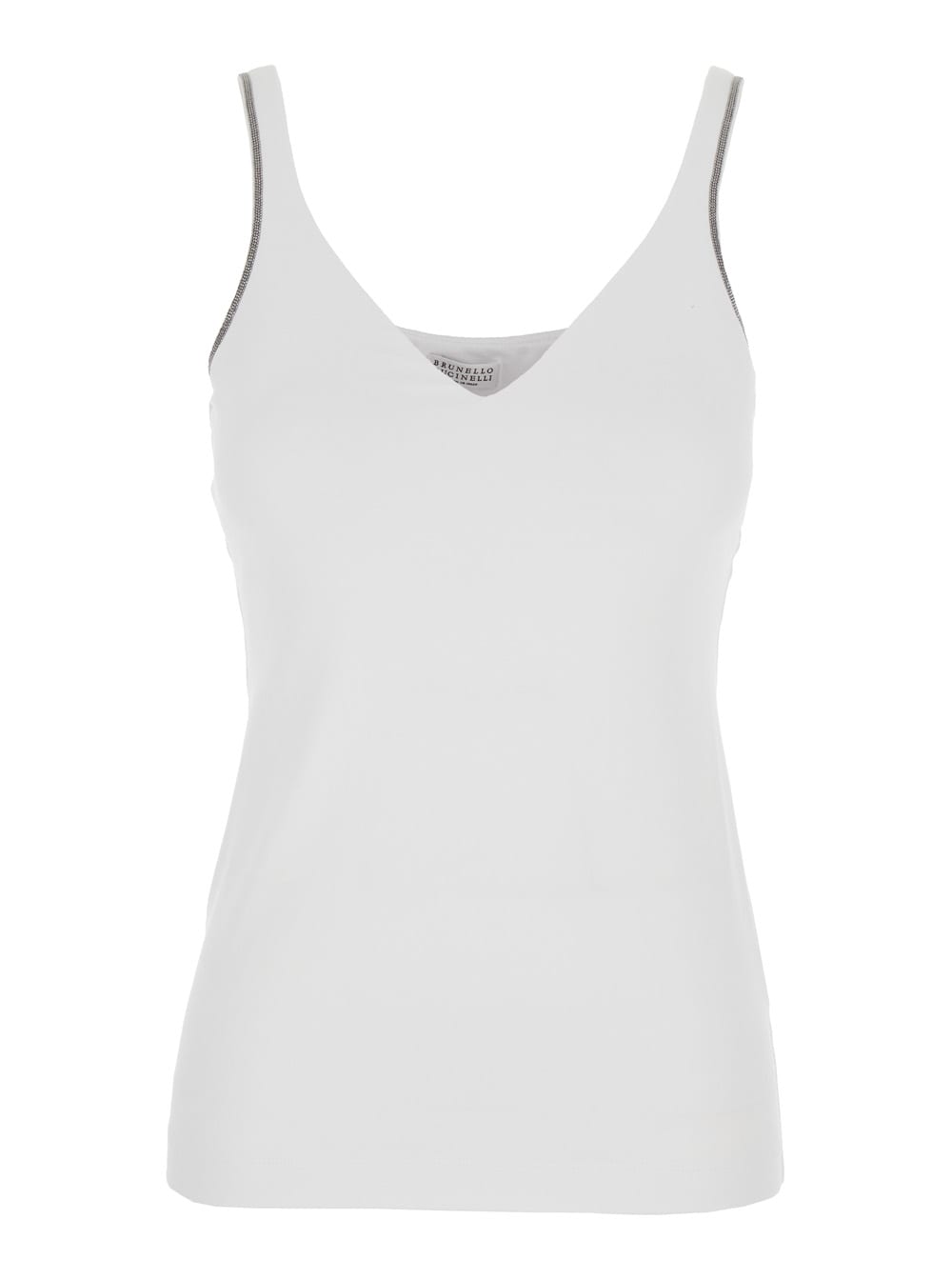 Brunello Cucinelli Women White Sleeveless Top With V Neck And Monil Detail On The Shoulder Straps In