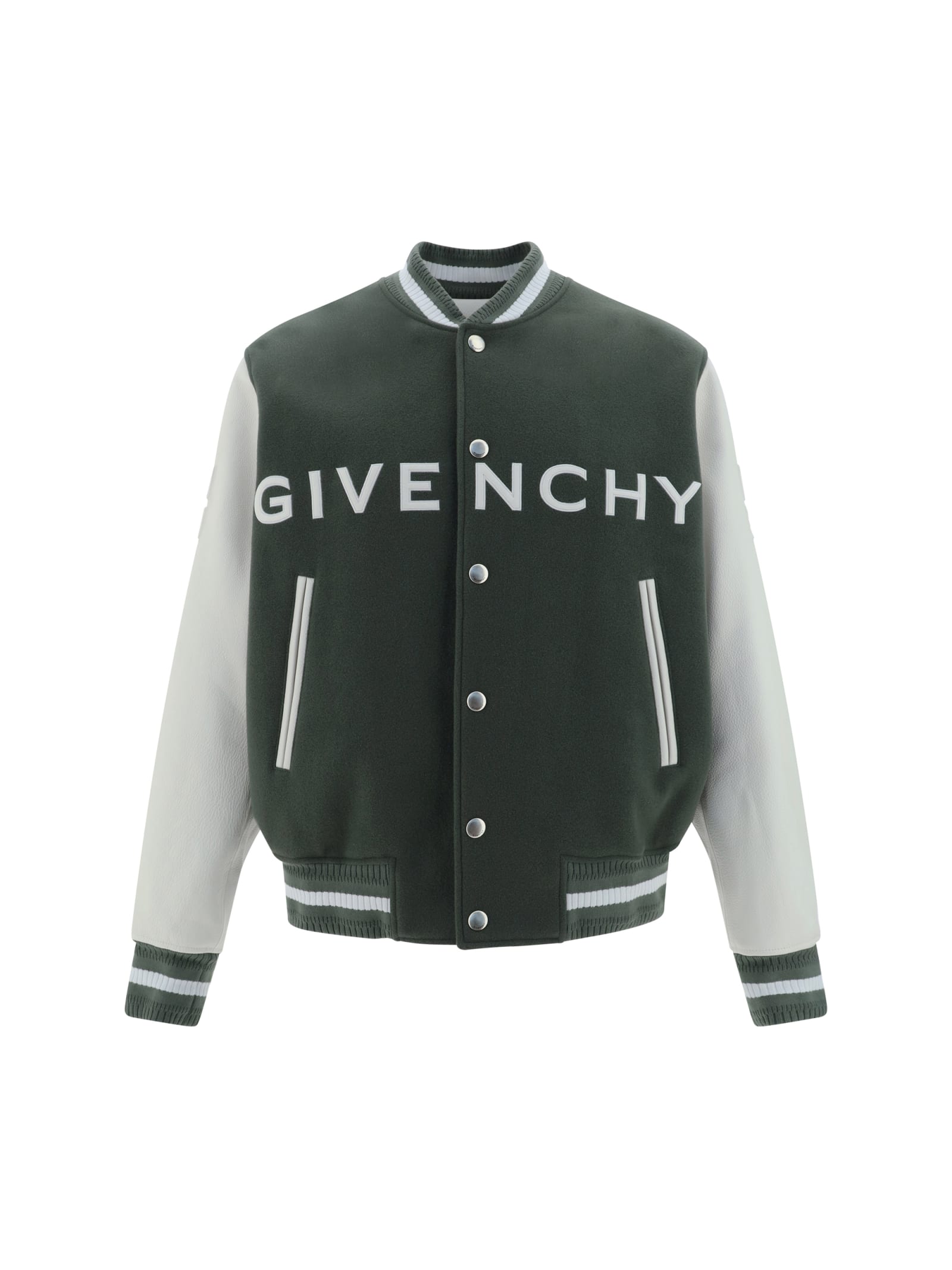 GIVENCHY GREY GREEN AND WHITE GIVENCHY BOMBER JACKET IN WOOL AND LEATHER