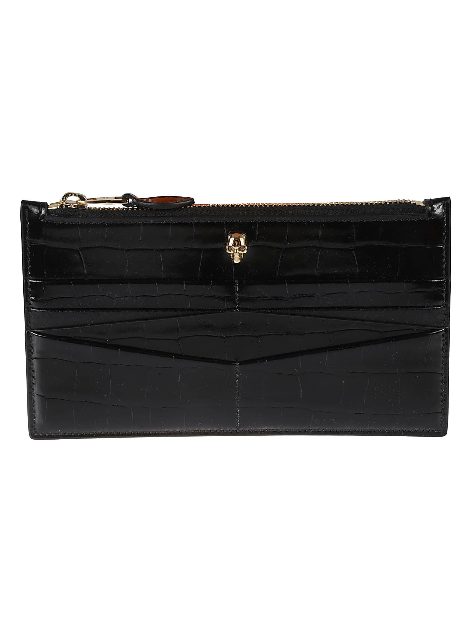 Shop Alexander Mcqueen Croco Embossed Flat Zip Wallet In Black