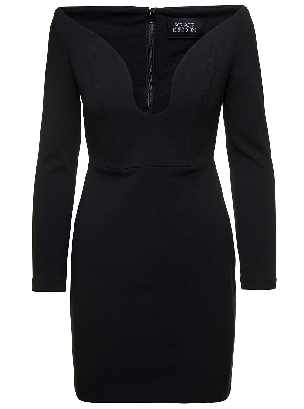 Black Uma Mini Dress With Long Sleeves And U-neck In Polyester Woman
