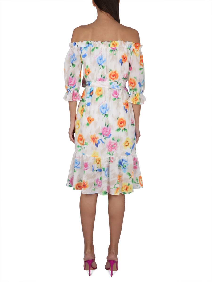 Boutique Moschino Floral Pattern Mini Dress With Boat Neckline And Balloon Sleeves In Multicolour