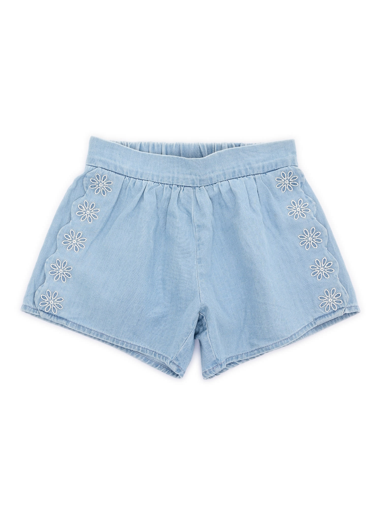 Chloé Shorts 100% Organic Cotton Light Denim. Fancy Scallop Pattern Finish At Leg Bottoms. Elasticated Wai In Blue