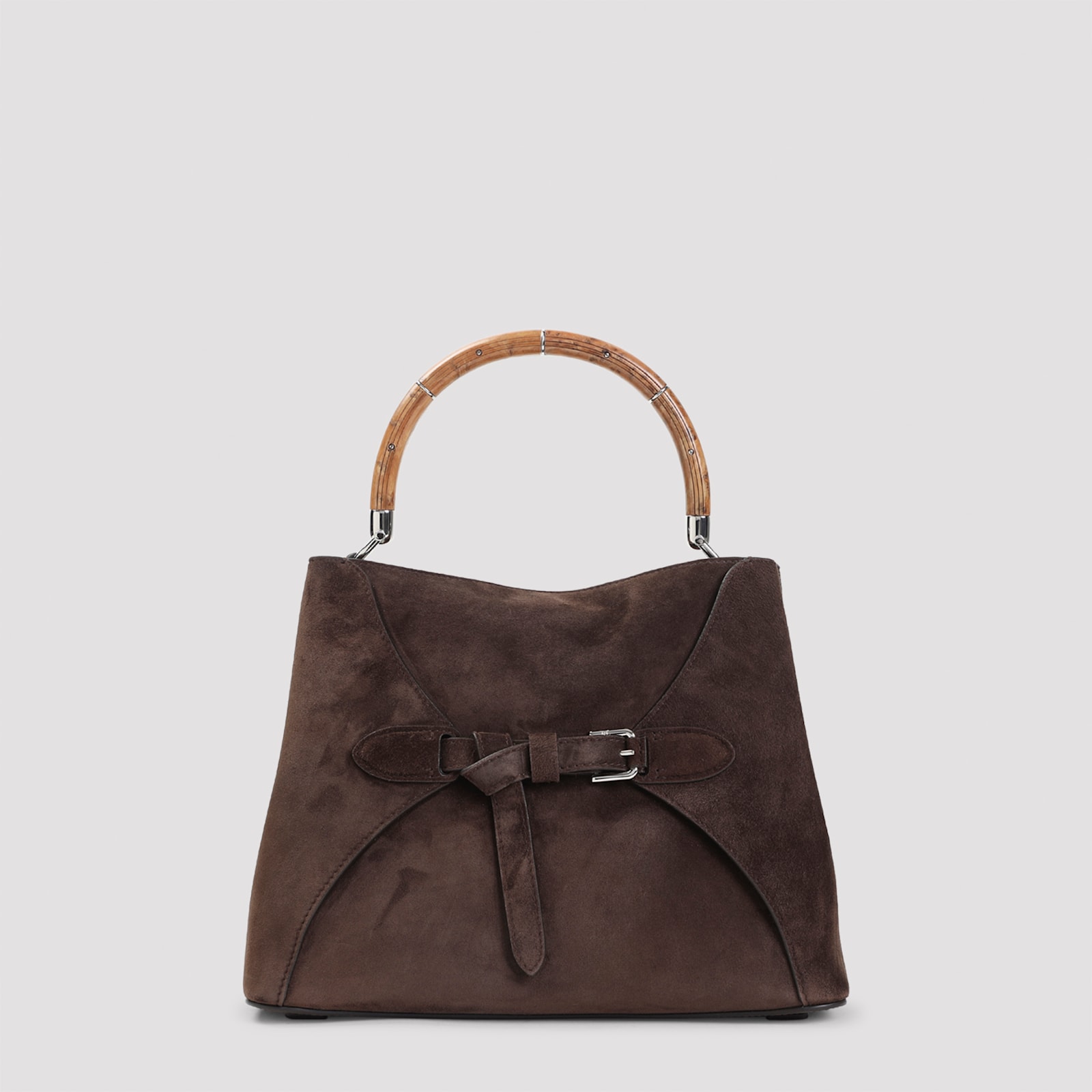 Ralph Lauren Structured Suede Bucket Bag With Bamboo Handle In Brown