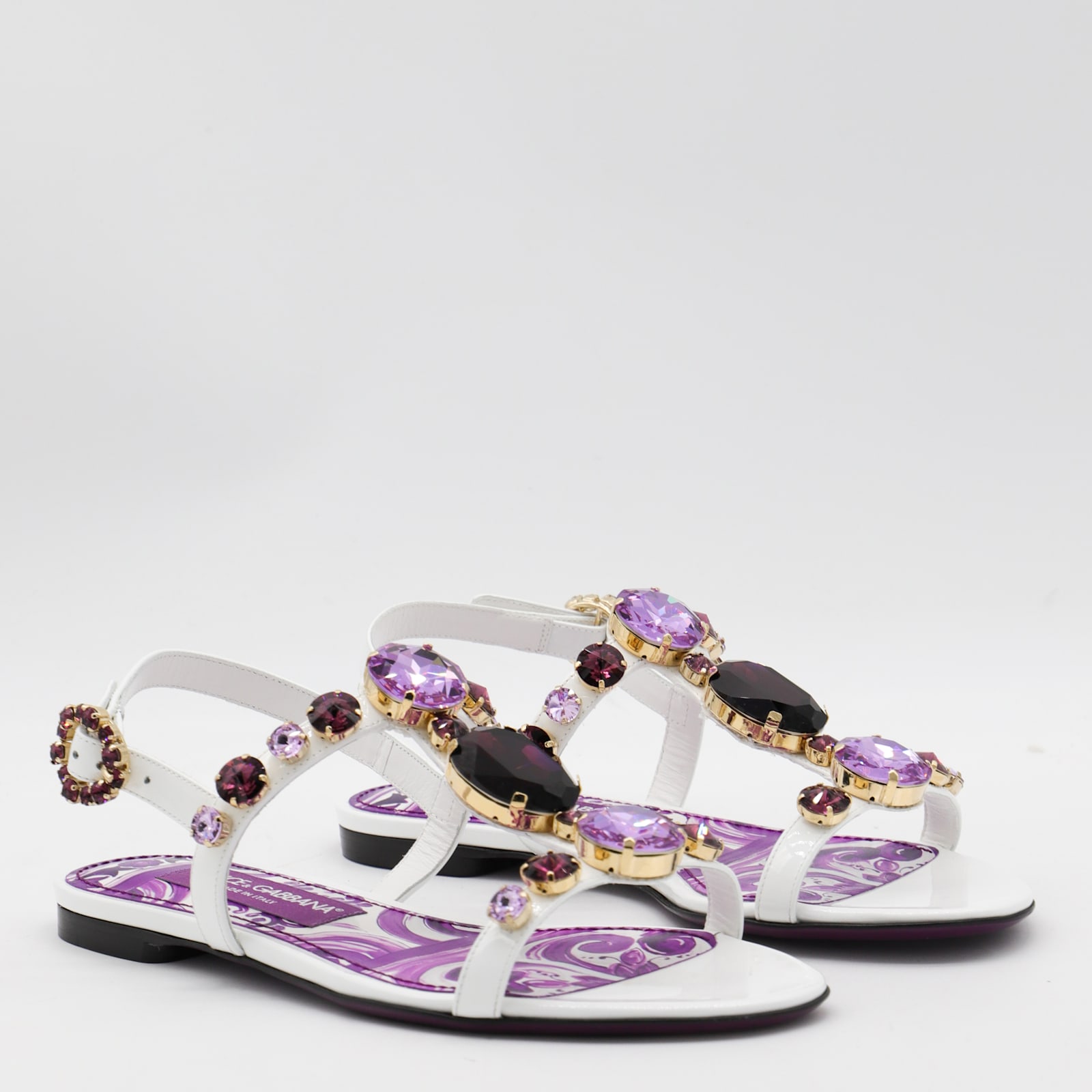 Dolce & Gabbana White And Violet Leather Sandals In Purple