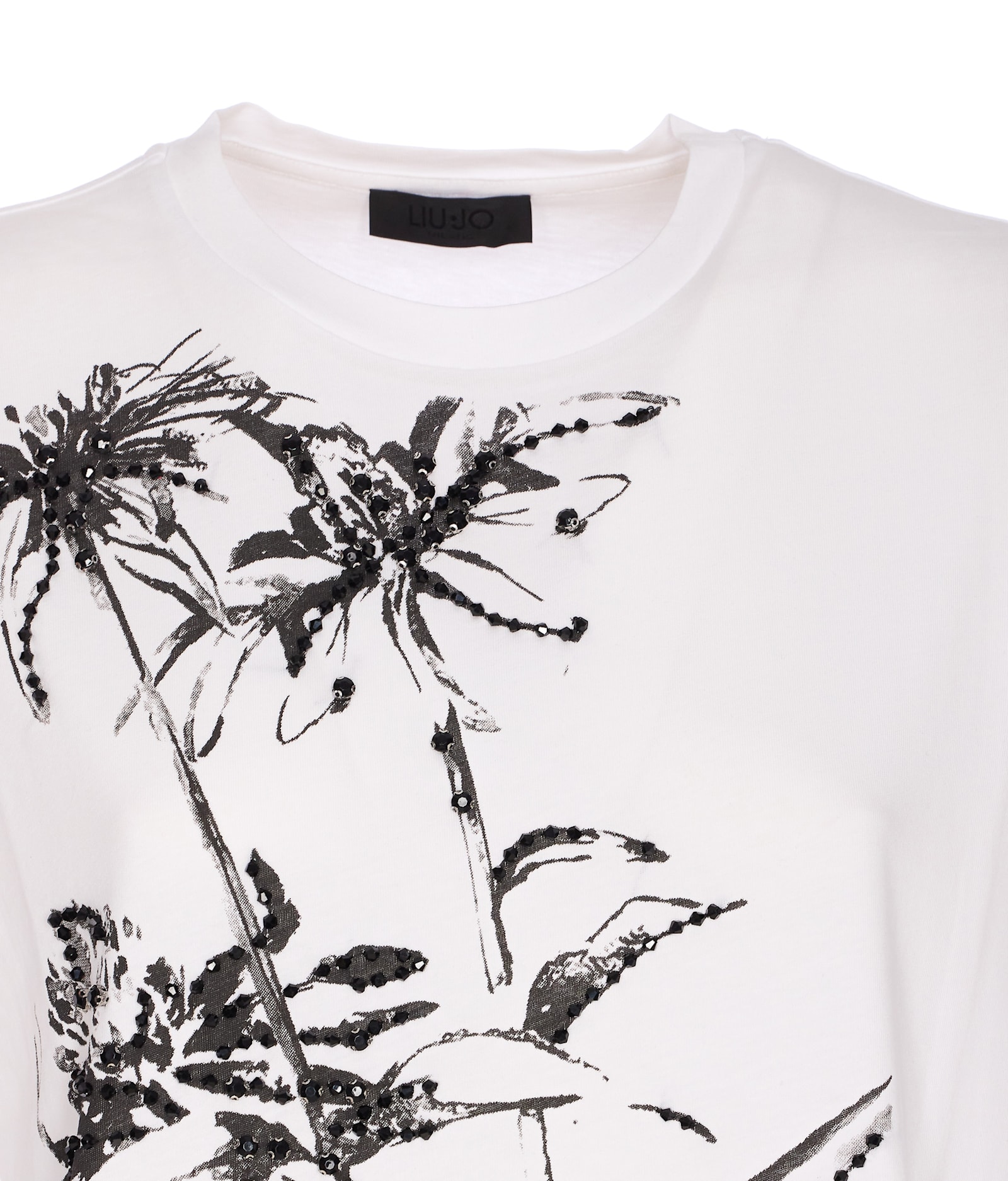 Liu •jo Floral Print Top With Strass And Sequins In White