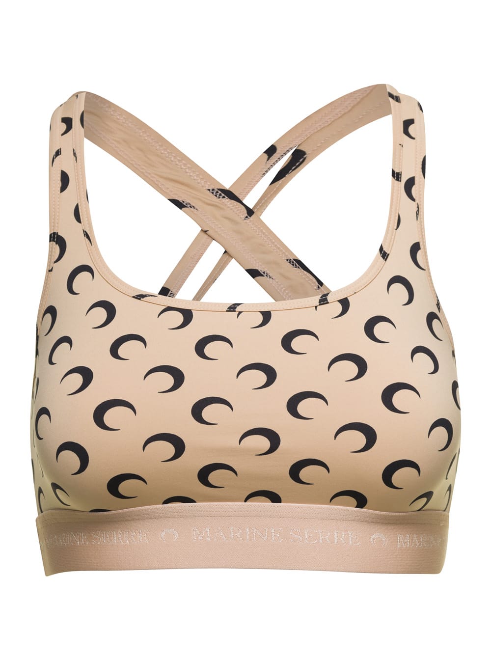 Beige Sports Bra With All-over Moon In Stretch Jersey Woman