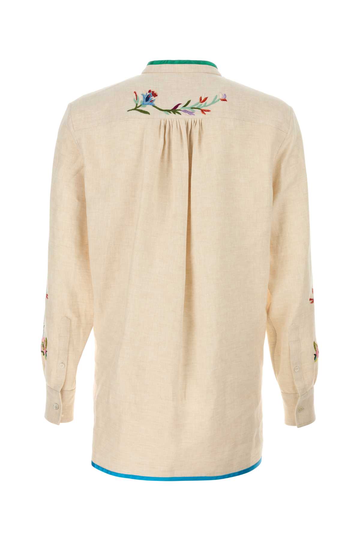 Valentino Linen Shirt With Embroidered Design And Mandarin Collar In Avoriofiorimulticolor