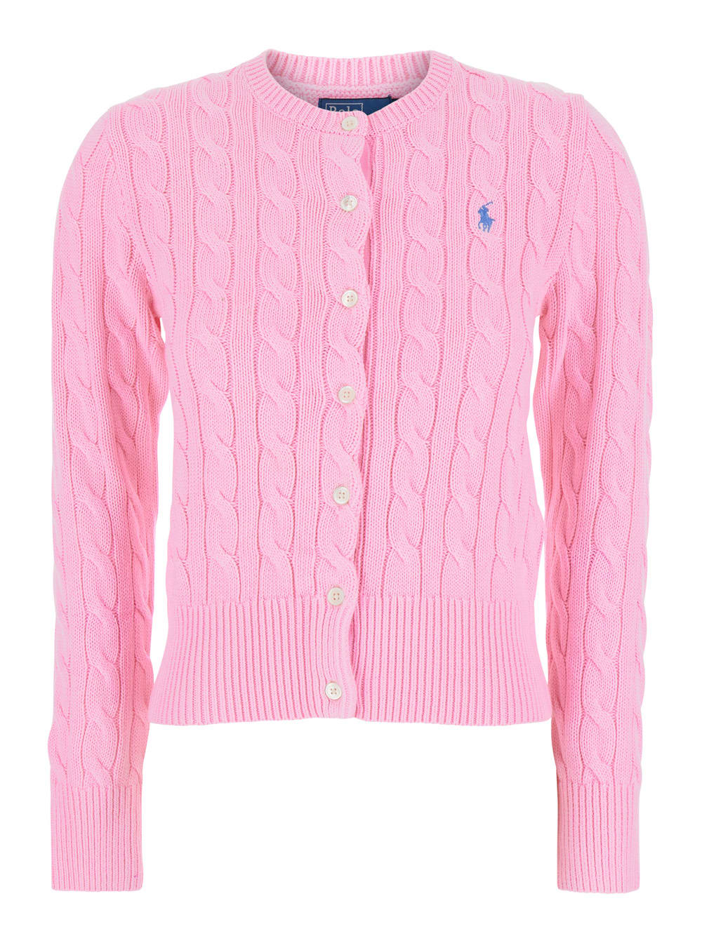 Polo Ralph Lauren Pink Crewneck Cable Knit Cardigan With Pony Embroidery On The Front In Cotton Woman In Pink