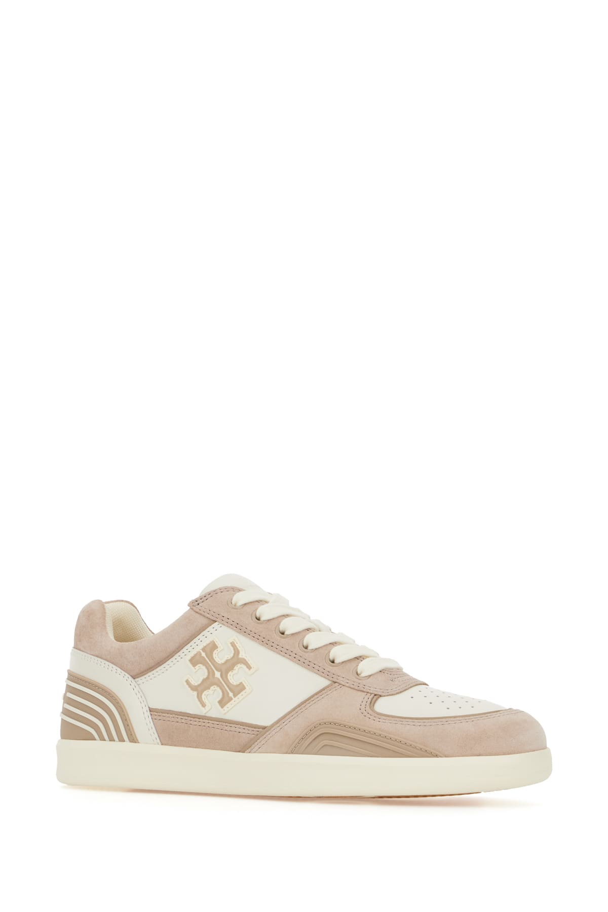 Shop Tory Burch Two-tone Nappa Leather And Suede Clover Court Sneakers In New Ivory Cerbiatto