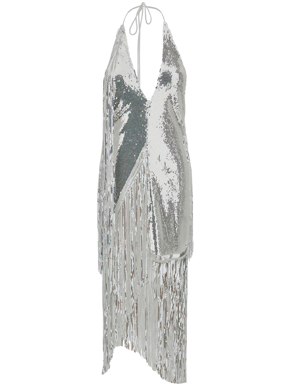ROTATE BIRGER CHRISTENSEN MIDI SILVER DRESS WITH FRINGES AND PAILLETTES IN STRETCH FABRIC WOMAN