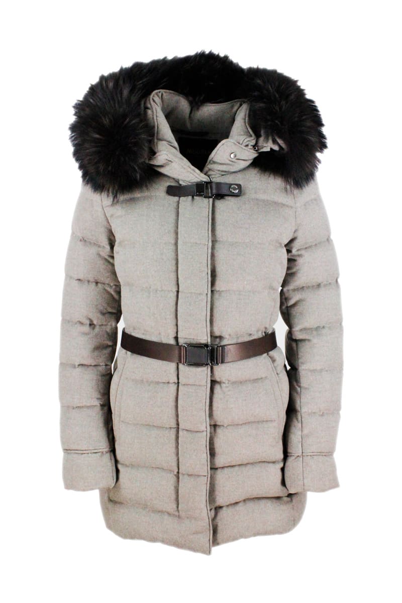 Moorer Loropiana Cashmere Down Jacket With Detachable Hood With Detachable Fox Edging With Belt And Side-by-side Leather Details