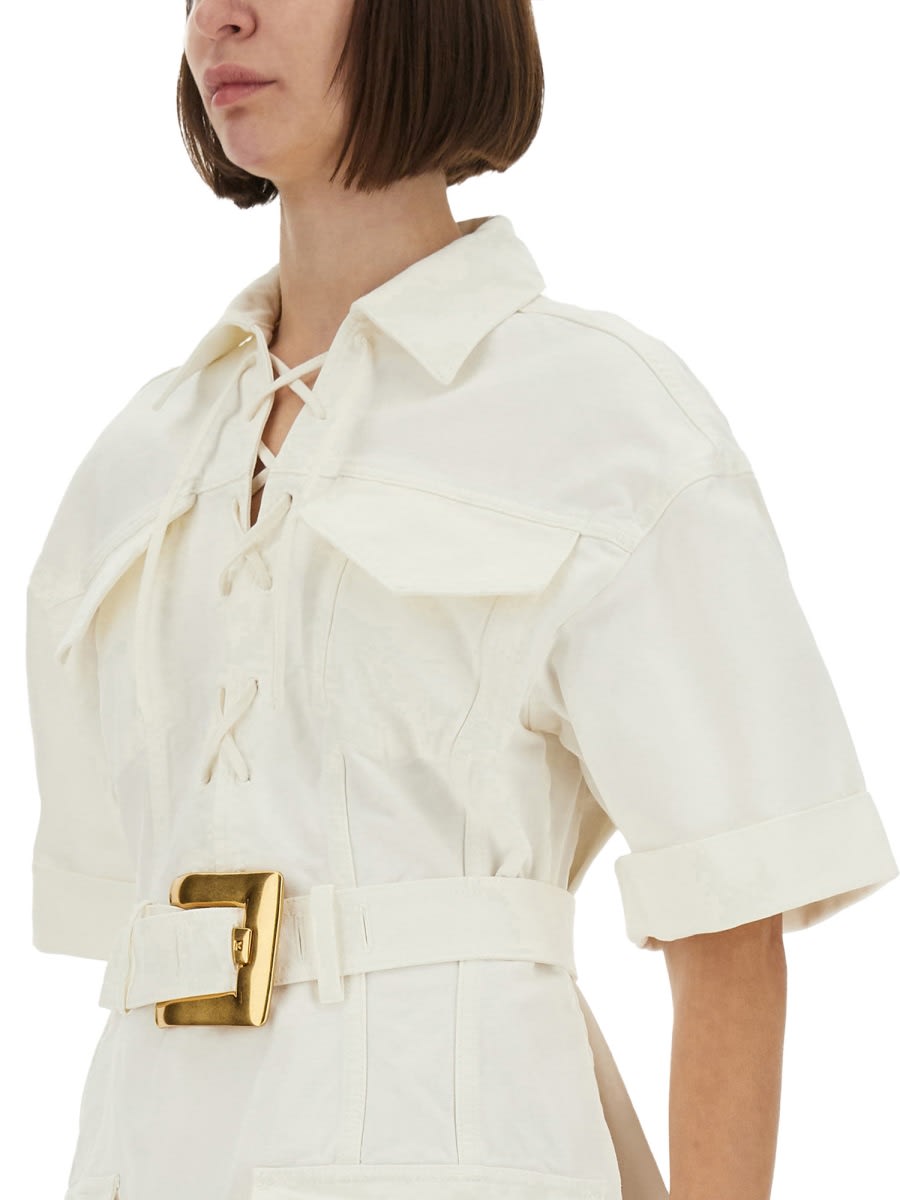 Balmain Short Dress With Belted Waist And Front Pockets In Neutral