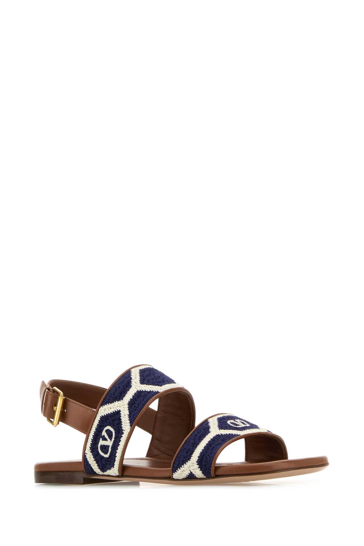 Valentino Embroidered Fabric Vlogo Signature Flat Sandals In Blue