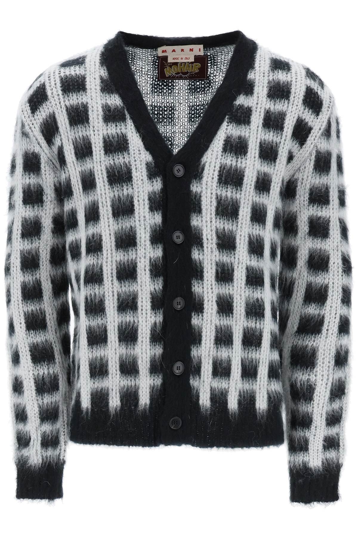 Shop Marni Brushed-yarn Cardigan With Check Pattern In Black (white)