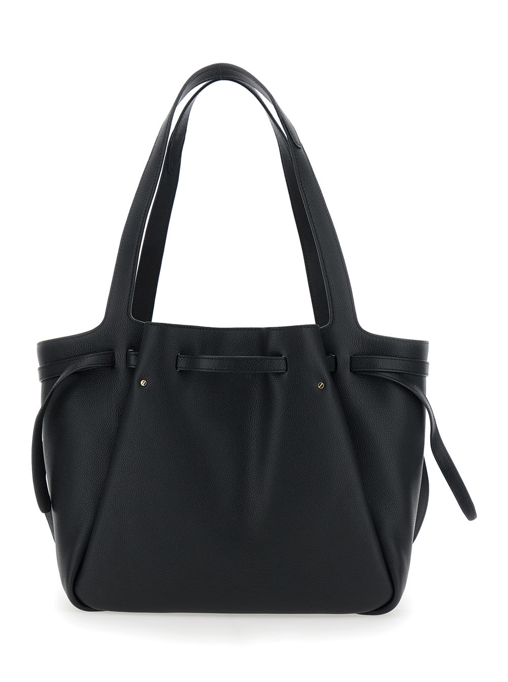 Tory Burch Romy Black Tote Bag With Adjustable Drawstring Closure And Logo Detail On The Front In Grained Leath