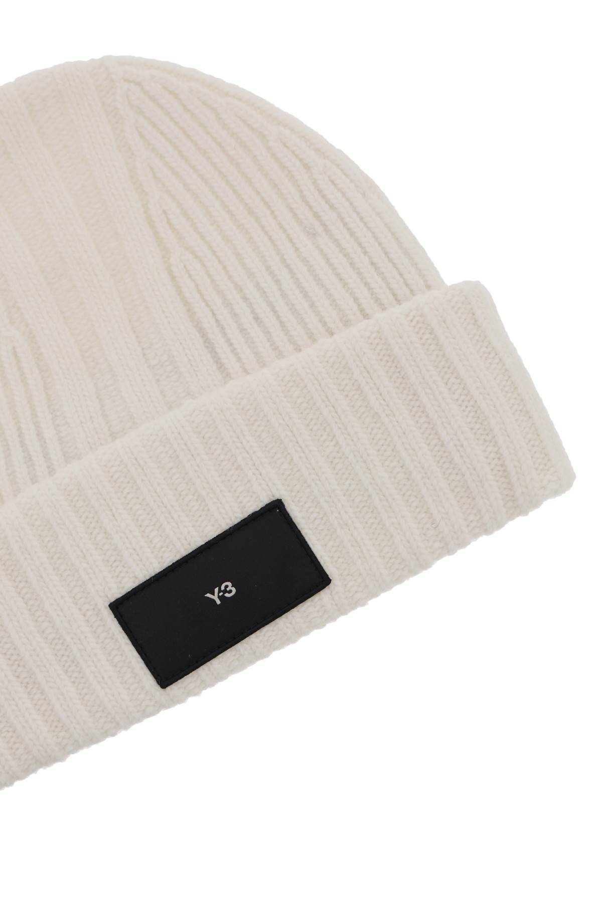 Shop Y-3 Beanie Hat In Ribbed Wool With Logo Patch In Talc (white)